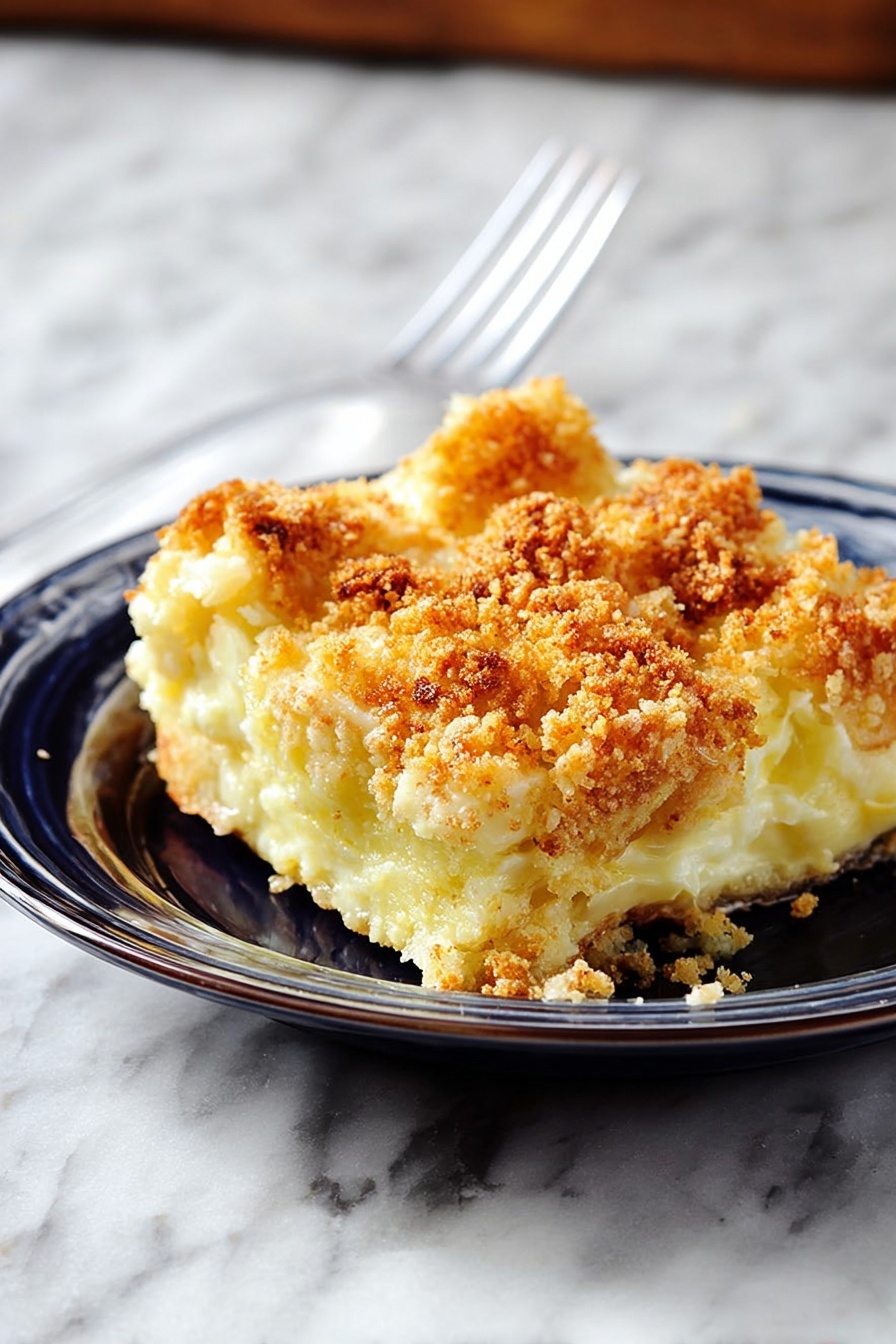 A piece of golden brown baked dish with a crumbly top layer sits on a white plate; the top layer looks crunchy and uneven with small crumbs scattered, beneath that is a creamy, pale yellow layer that appears soft and smooth, with a few chunks visible. The plate is on a white marbled surface, and there is a clear plastic fork resting behind the dish, slightly angled. The photo taken with an iphone --ar 2:3 --v 7 - Cheesy Baked Squash Casserole, baked squash casserole, cheesy squash side dish, easy squash casserole recipe, comfort food squash