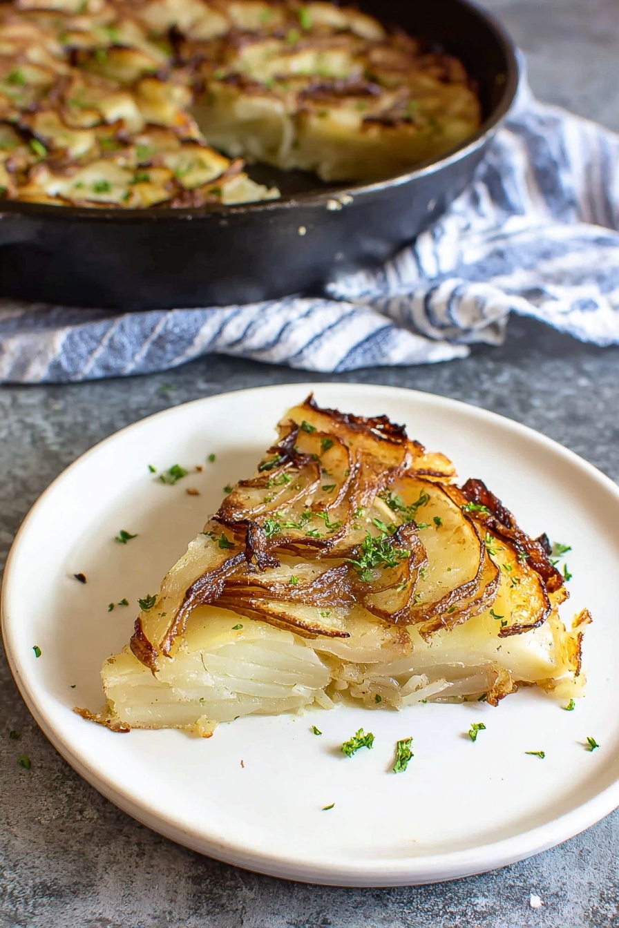 A single triangular slice of potato and onion tart sits centered on a white plate, showing thin layers of golden to light brown crisped potato slices with some darker, slightly curled edges on top, mixed with translucent cooked onion strands beneath. The tart’s base layer looks soft and lightly browned, while small pieces of green parsley are scattered over the top and plate for color contrast. In the background, a dark pan containing the remaining tart and a blue-striped cloth napkin rest on a grey stone surface, replaced with a white marbled texture. photo taken with an iphone --ar 2:3 --v 7 - Garlic Herb Potato Galette, potato galette recipe, layered potato dish, savory potato bake, elegant side dish