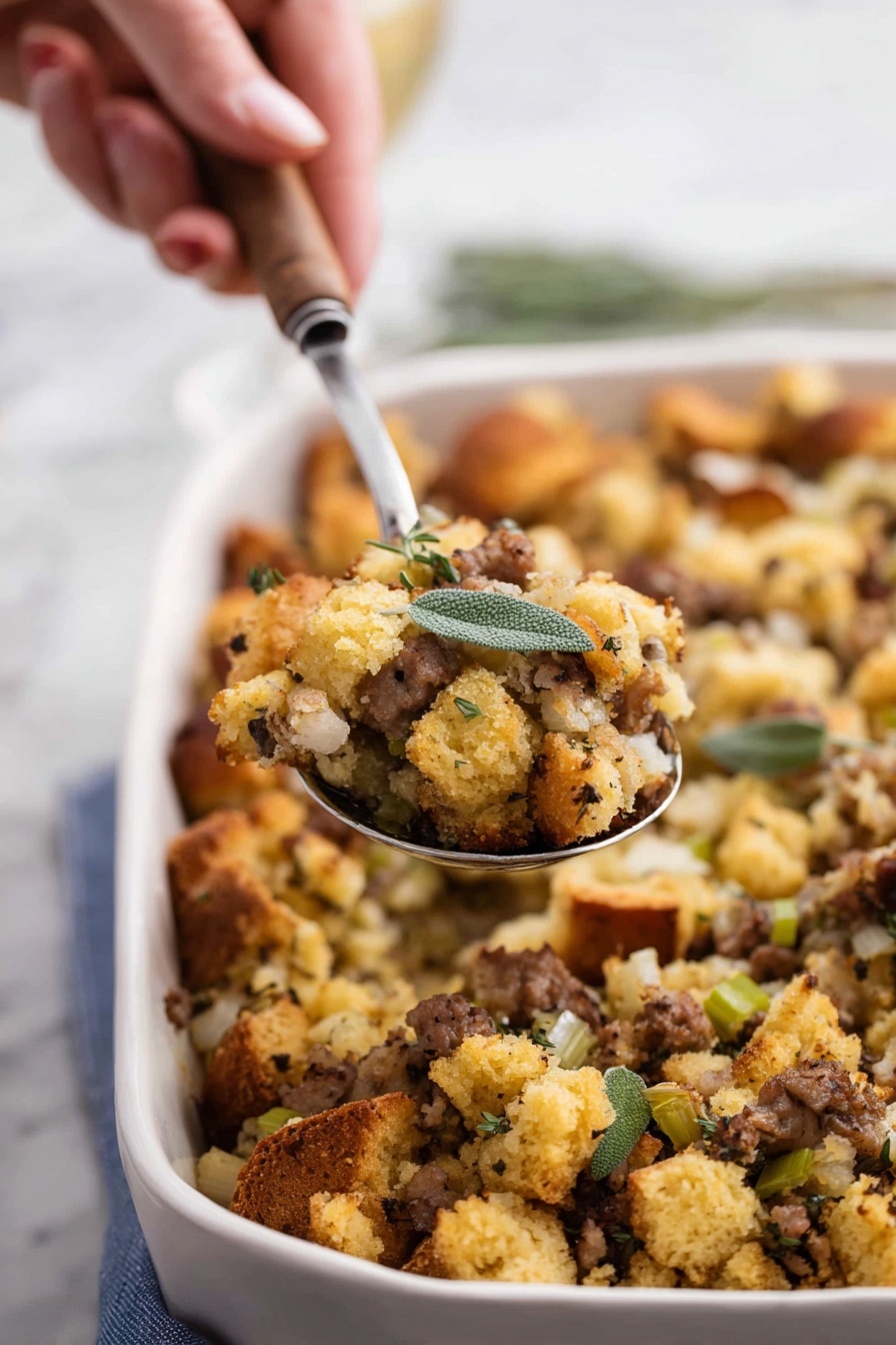 A white dish filled with three main layers of baked stuffing. The bottom layer is a mix of small, soft bread cubes with bits of cooked sausage and herbs, showing a golden-brown toasted color with some darker brown spots. The middle layer is a chunky mix of tender celery pieces and cooked onions that add a light green and creamy white contrast to the dish. The top layer is a thick, crumbly layer of golden cornbread cubes with a light crust on some pieces, sprinkled with small green herb leaves and whole fresh sage leaves for decoration. A woman's hand holds a metal spoon with a wooden handle, lifting a scoop of the stuffing showing all the layers together. The background is a blurred white marbled texture with soft lighting. Photo taken with an iphone --ar 2:3 --v 7 - Sausage and Chestnut Holiday Stuffing, holiday stuffing recipe, savory stuffing with sausage and chestnuts, festive stuffing ideas, easy Thanksgiving stuffing