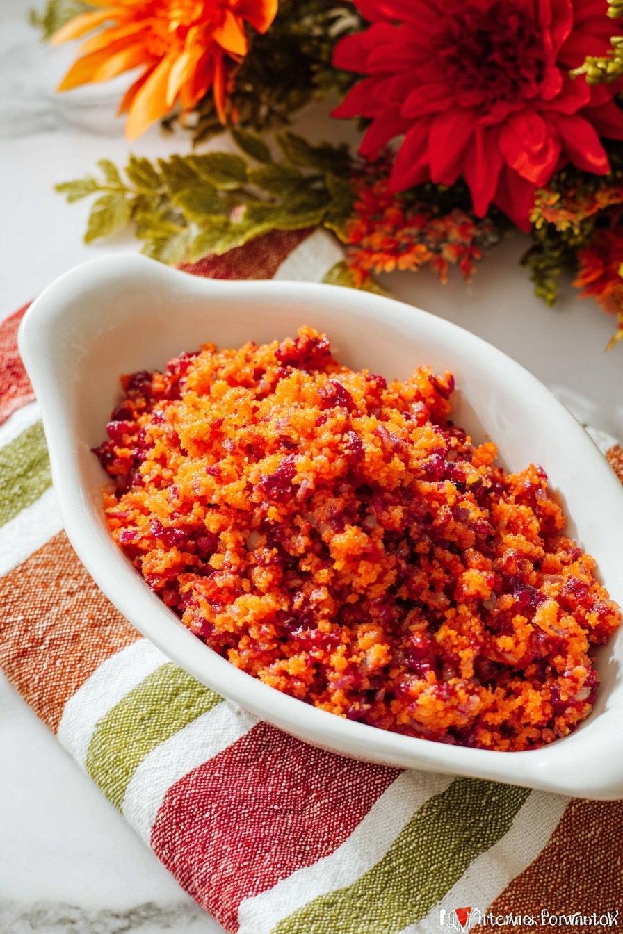 A white oval dish holds finely chopped food with mixed bright red and orange colors, showing a moist texture with small crunchy pieces. The dish sits on a striped cloth with green, white, red, and orange stripes, placed on a white marbled surface. In the background, there are red and orange artificial flowers along with some green leafy decorations, adding warm autumn colors to the scene. The photo taken with an iphone --ar 2:3 --v 7 - Easy Cranberry Orange Relish, holiday side dish with cranberries and orange, simple festive relish recipe, quick cranberry orange relish, vibrant holiday condiment
