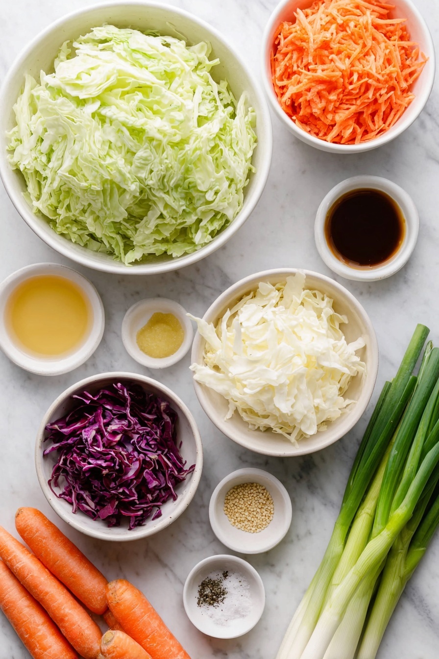 Flat lay of a large white ceramic bowl filled with shredded fresh green cabbage, next to a similar bowl with shredded vibrant red cabbage, a small white bowl with creamy mayonnaise, a small white bowl of golden apple cider vinegar, another small white bowl holding smooth golden maple syrup, a small white bowl containing bright yellow Dijon mustard, a small white bowl with tiny tan celery seeds, a small white bowl of coarse sea salt crystals, a small white bowl filled with freshly ground black pepper, a couple of fresh whole medium orange carrots with thin peels laid beside the bowls, and three bright green scallions with white bulbs and leafy tops, all arranged in perfect symmetry, placed on a clean white marble surface, soft natural light, photo taken with an iPhone, professional food photography style, fresh ingredients, white ceramic bowls, no bottles, no duplicates, no utensils, no packaging --ar 2:3 --v 7 --p m7354615311229779997 - Creamy Cabbage Coleslaw, healthy coleslaw side dish, easy cabbage slaw, tangy coleslaw recipe, homemade creamy slaw