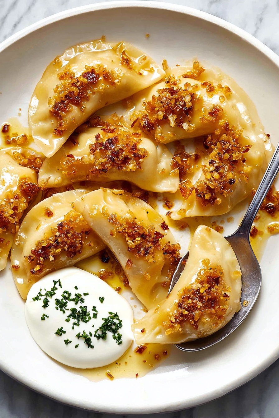 A white plate holds seven crescent-shaped dumplings with a shiny, golden-brown coating of small fried onion bits scattered evenly over them. The dumplings are arranged in a loose circle, with one being lifted by a silver spoon on the right side. In the lower-left section of the plate, a dollop of smooth white sour cream is topped with finely chopped green herbs. The dumplings have a soft, slightly wrinkled texture with a light, warm color. The background is a white marbled surface. Photo taken with an iphone --ar 2:3 --v 7 - Cheesy Polish Pierogi Ruskie, Polish Pierogi Ruskie, Pierogi Ruskie with Cheese, Homemade Polish Pierogi, Traditional Pierogi Ruskie