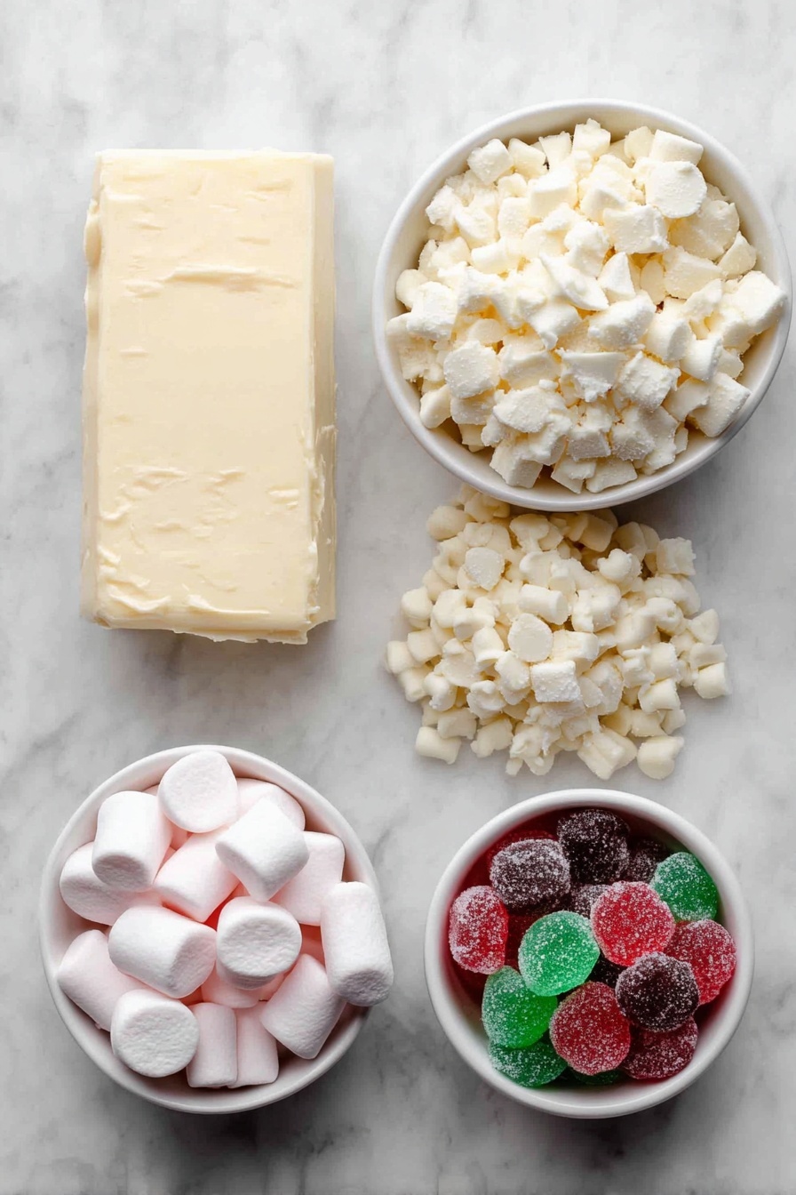 Flat lay of a small slab of pale yellow butter, a generous pile of creamy white chocolate chips, a bowl filled with soft white mini marshmallows, a simple white ceramic bowl holding halved red and green gumdrops, all arranged in perfect symmetry on a clean white marble surface, soft natural light, photo taken with an iPhone, professional food photography style, fresh ingredients, white ceramic bowls, no bottles, no duplicates, no utensils, no packaging --ar 2:3 --v 7 --p m7354615311229779997 - Christmas Gumdrop Nougat, Christmas Gumdrop Candy, festive holiday candy, no-bake holiday treats, colorful gumdrop candy