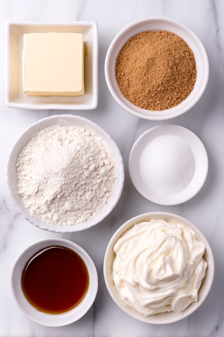 Flat lay of a small square of unsalted butter, a small white ceramic bowl filled with tightly packed light brown sugar, a small white ceramic bowl with thick golden syrup, a small white ceramic bowl holding all-purpose flour, a small white ceramic bowl containing ground ginger powder, a small white ceramic bowl of cold heavy whipping cream, a small white ceramic bowl with granulated sugar, and a small white ceramic bowl with clear brandy, all arranged in perfect symmetry on a clean white marble surface, soft natural light, photo taken with an iPhone, professional food photography style, fresh ingredients, white ceramic bowls, no bottles, no duplicates, no utensils, no packaging --ar 2:3 --v 7 --p m7354615311229779997 - British Brandy Snap Cookies, Brandy Snap Cookies recipe, British dessert recipes, elegant holiday treats, easy homemade cookies
