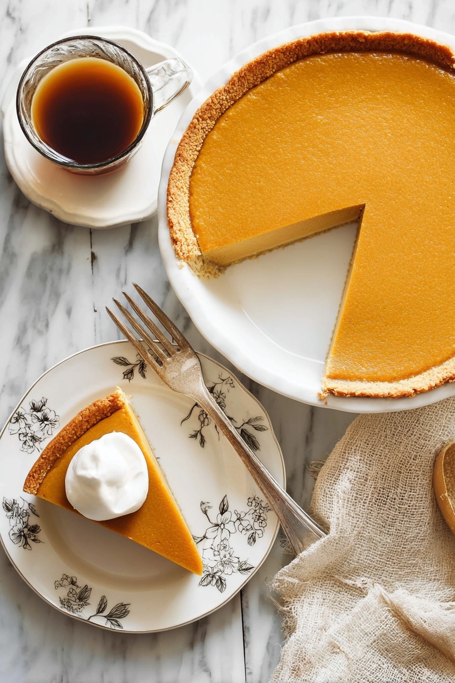 A round pumpkin pie with two visible layers is shown, with a smooth, orange top filling layer and a light brown crust at the bottom. One slice is missing from the pie, and the slice is placed on a white plate with floral decoration around the edge. The slice on the plate shows the same orange filling layer and crust. On top of the slice is a dollop of white whipped cream. Next to the slice, there is a silver fork resting on the plate. A glass cup of brown coffee and a beige cloth napkin sit nearby on a white marbled surface. photo taken with an iphone --ar 2:3 --v 7 - Maple Cheesecake with Caramel Sauce, maple cheesecake, caramel sauce dessert, creamy cheesecake recipes, fall-inspired cheesecake