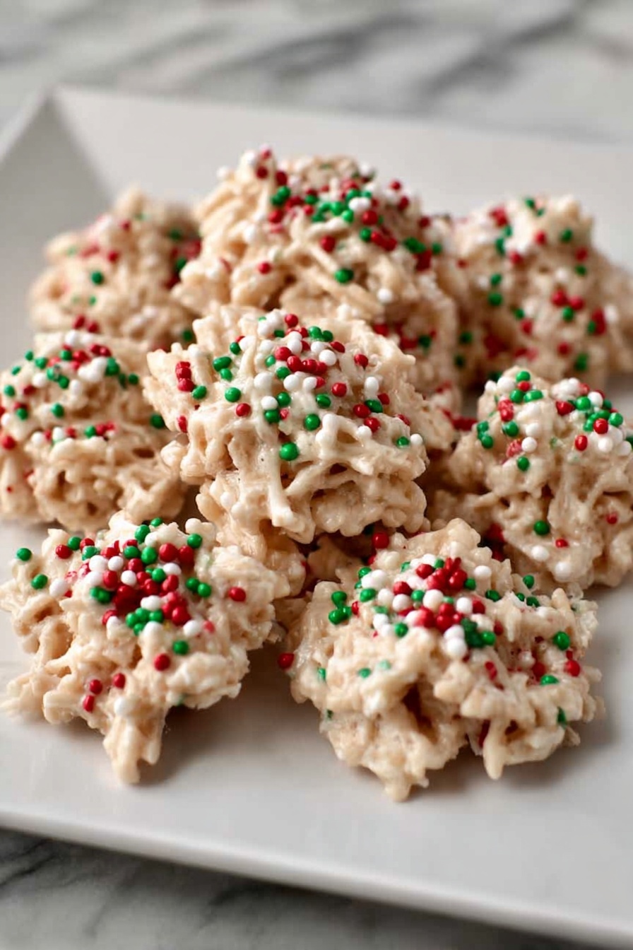The image shows a white square plate holding about ten small clusters of a light beige mixture made from thin sticks coated in a creamy white substance. Each cluster is topped with small red and green sprinkles scattered unevenly on the surface, adding a festive touch. The clusters are arranged loosely in a group on a white marbled surface. The texture of the clusters looks slightly rough and sticky with visible strands sticking out. Photo taken with an iphone --ar 2:3 --v 7 - Holiday White Chocolate Nut Cookies, festive holiday cookies, no-bake white chocolate cookies, crunchy nut cookies, easy holiday treats