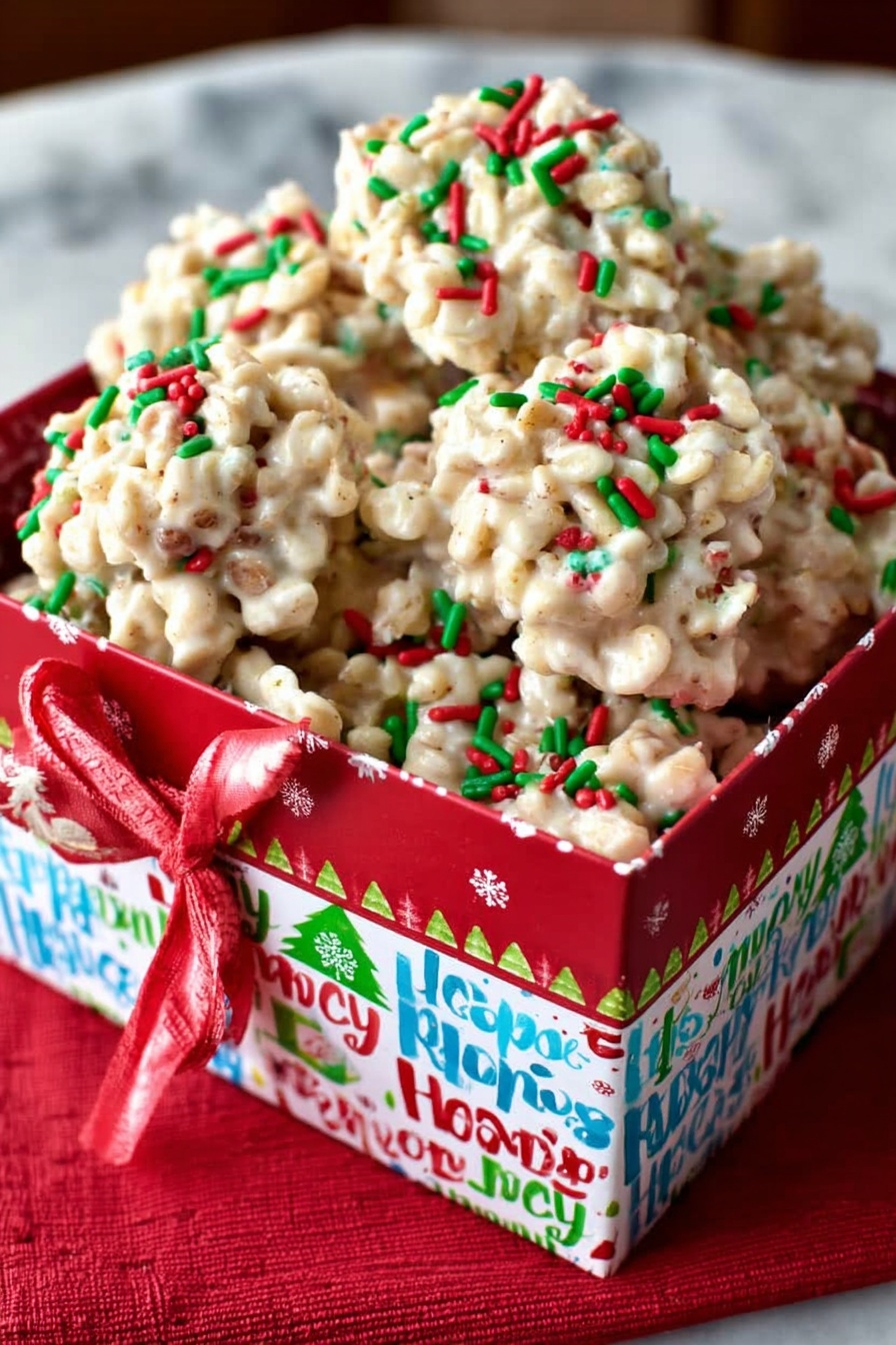The image shows a colorful box filled with clusters of creamy white candy made from a mix of oats or cereal pieces. Each cluster is topped with small red and green round and rod-shaped sprinkles scattered unevenly all over. The box has bright holiday words and symbols in red, green, blue, and other colors on a white background, with a red ribbon on one side. The box sits on a white marbled surface over a red cloth. Photo taken with an iphone --ar 2:3 --v 7 - Holiday White Chocolate Nut Cookies, festive holiday cookies, no-bake white chocolate cookies, crunchy nut cookies, easy holiday treats