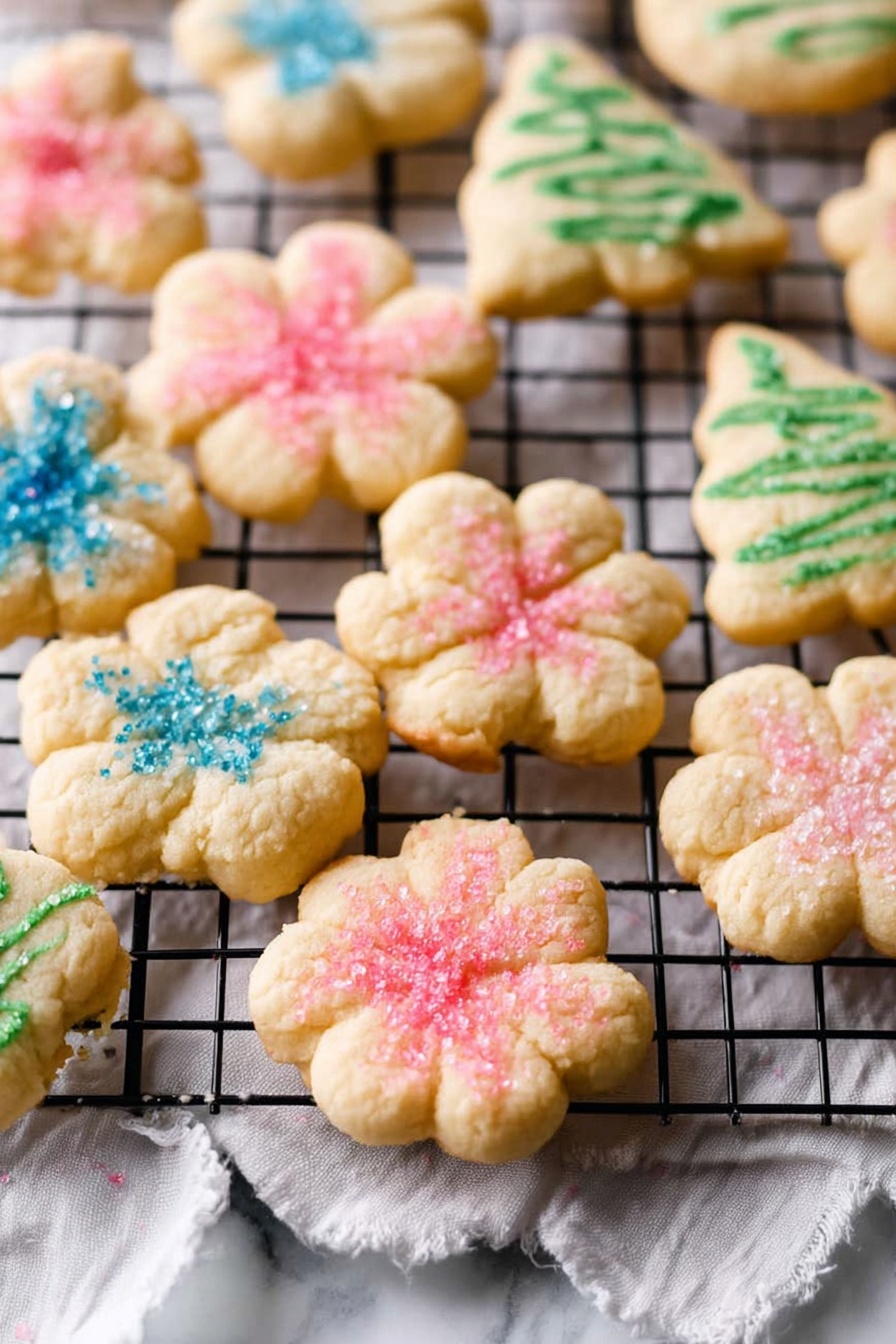 On a black wire cooling rack placed over a white marbled surface with a white cloth beneath, there are various small cookies shaped like flowers and Christmas trees. The cookies are light golden in color with a soft texture, each decorated with colored sugar sprinkles. The flower-shaped cookies have pink or blue sugar sprinkles concentrated in the center, while the Christmas tree-shaped cookies have green or blue sugar stripes across them. The cookies are arranged randomly, some overlapping slightly, giving a cozy, fresh-baked look. photo taken with an iphone --ar 2:3 --v 7 - Buttery Spritz Cookies, classic spritz cookies recipe, easy butter cookies, holiday cookie recipes, melt-in-your-mouth cookies