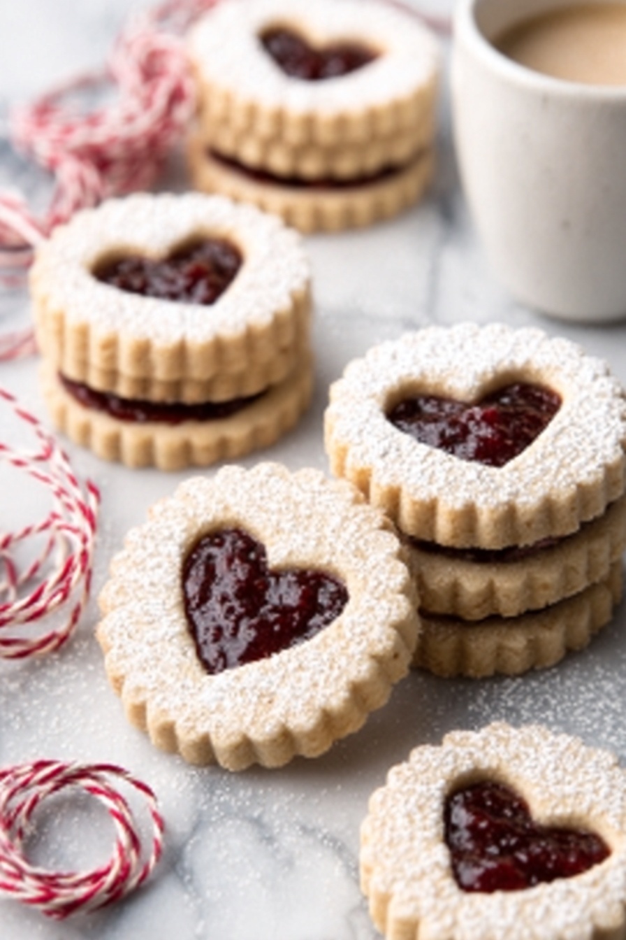 The image shows several round cookies with scalloped edges on a white marbled surface. Each cookie has two layers: a bottom layer of light golden-brown cookie dough and a top layer with a heart-shaped cutout in the center, revealing a dark red jam filling. Some of the cookies are stacked in pairs, while others are placed individually. The cookies are lightly dusted with powdered sugar, giving them a soft white texture on top. A white cup with a light beverage sits in the background, and there are pieces of red and white twine casually draped around the scene. photo taken with an iphone --ar 2:3 --v 7 - Chocolate Chip Banana Bread, banana bread with chocolate chips, moist banana bread recipe, easy chocolate chip banana bread, homemade banana bread with chocolate