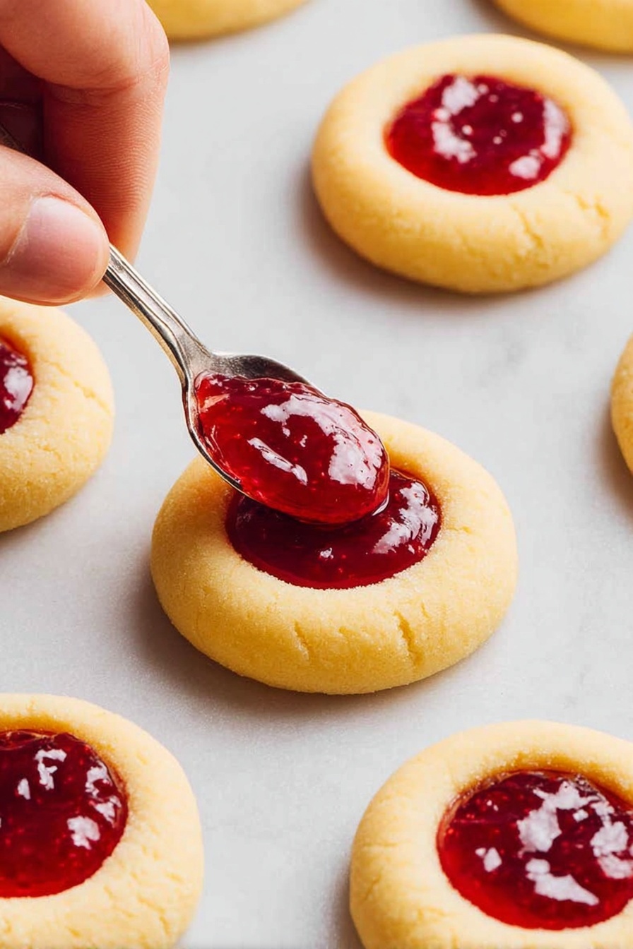 A stack of light golden round thumbprint cookies filled with shiny red jam sits on crumpled white paper over a white marbled surface. One cookie at the top is broken in half, showing its soft, crumbly inside with jam in the middle. Several cookies lie flat around the stack, also filled with bright jam in the center. Soft pink and white flowers with green leaves are placed around the cookies in the background, adding a fresh and delicate touch. Photo taken with an iphone --ar 2:3 --v 7 - Jam Thumbprint Cookies, easy thumbprint cookie recipe, fruity jam cookies, homemade cookie recipes, buttery thumbprint cookies
