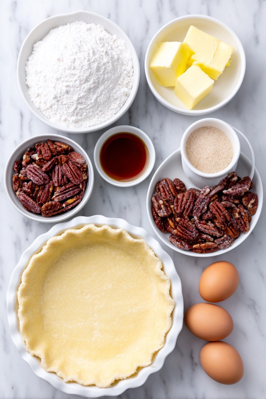 Flat lay of a round unbaked homemade pie crust in a simple white ceramic pie dish, a small white bowl of granulated sugar, a small white bowl of light brown sugar, a small white bowl of light corn syrup, a small white bowl of softened salted butter, three whole uncracked brown eggs, a small white bowl of pecan halves scattered around the layout, all arranged with perfect symmetry and balanced proportions, placed on a clean white marble surface, soft natural light, photo taken with an iPhone, professional food photography style, fresh ingredients, white ceramic bowls, no bottles, no duplicates, no utensils, no packaging --ar 2:3 --v 7 --p m7354615311229779997 - Classic Pecan Pie with Buttery Crust, pecan pie dessert, homemade pecan pie, easy pecan pie recipe, holiday pecan pie