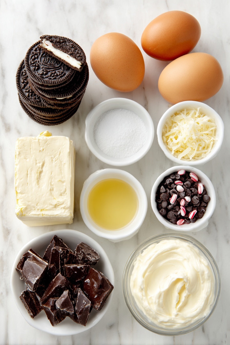 Flat lay of a small stack of whole Oreo cookies, a few broken pieces revealing the cream center, two large whole brown eggs with clean shells, a small mound of finely chopped white chocolate bars, a rectangular block of brick-style cream cheese with a slice removed, a small white ceramic bowl of granulated sugar, a small white bowl holding pale golden melted unsalted butter, a small white bowl of smooth sour cream, a tiny white bowl containing mini dark chocolate chips, a small white bowl filled with crushed red-and-white candy canes, a few rough chunks of chopped dark semisweet chocolate, a small white bowl of thick heavy cream, all arranged with perfect symmetry in balanced proportions, placed on a clean white marble surface, soft natural light, photo taken with an iPhone, professional food photography style, fresh ingredients, white ceramic bowls, no bottles, no duplicates, no utensils, no packaging --ar 2:3 --v 7 --p m7354615311229779997 - Peppermint Bark Cheesecake, peppermint bark cheesecake, holiday peppermint cheesecake, mint chocolate cheesecake, festive cheesecake ideas