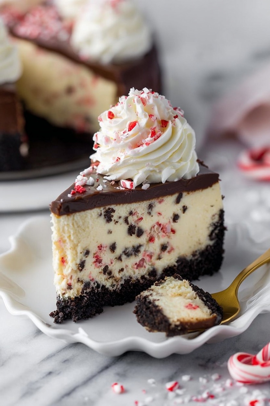 The image shows a slice of layered cheesecake on a white plate with a wavy edge. The bottom layer is a dark crumbly crust, above which is a thick creamy layer with small chocolate chips and bits of red candy evenly mixed inside. On top of this creamy layer is a smooth, dark chocolate ganache layer. The cheesecake slice is decorated with a swirl of white whipped cream that has small red and white candy pieces sprinkled on it. Next to the plate, there is a golden spoon with a small piece of cheesecake and chocolate. The background is a white marbled surface with some crushed red and white candy scattered lightly around. Photo taken with an iphone --ar 2:3 --v 7 - Peppermint Bark Cheesecake, peppermint bark cheesecake, holiday peppermint cheesecake, mint chocolate cheesecake, festive cheesecake ideas