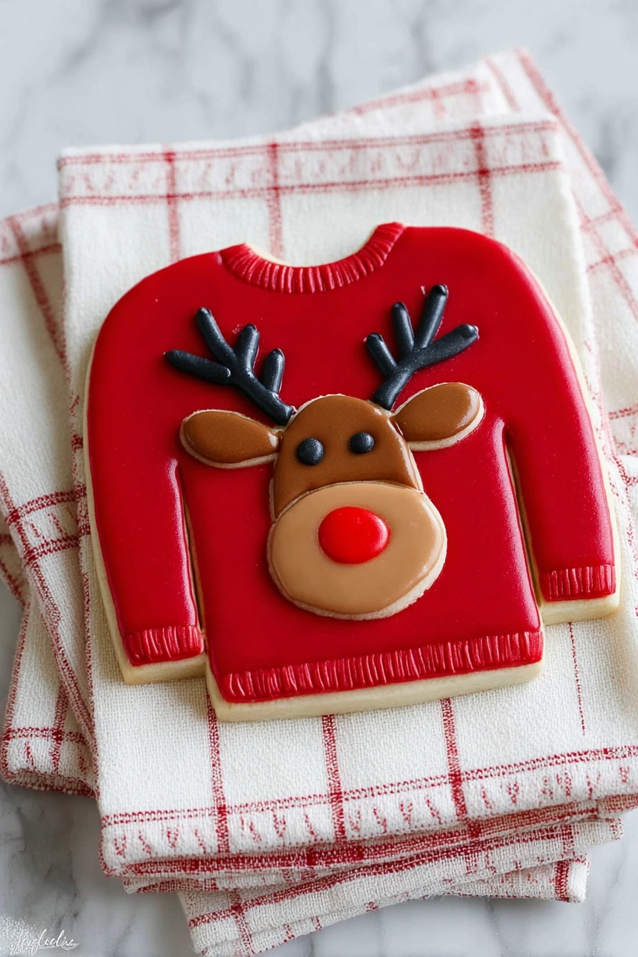 A cookie shaped like a long-sleeve sweater lies on a white cloth over a checkered fabric. The cookie is covered with smooth red icing forming the sweater base. On the chest area, there is a detailed reindeer face made with different icing colors: brown for the face and snout, black for the eyes and antlers, and a bright red shiny nose. The edges of the sweater are outlined with a thin red icing line. The whole scene is on a white marbled surface. photo taken with an iphone --ar 2:3 --v 7 - Ugly Christmas Sweater Cookies, Christmas cookie decorating ideas, holiday baking recipes, festive cookie templates, colorful holiday cookies