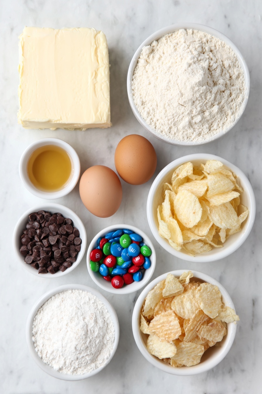 Flat lay of a small block of fresh butter, a small white bowl of packed brown sugar, a small white bowl of granulated sugar, two whole brown eggs with clean shells, a small white bowl of golden vanilla extract, a small white bowl of all-purpose flour, a small white bowl of colorful M&M's, a small white bowl of creamy peanut butter chips, a small white bowl of golden crinkled potato chips, a small white bowl of broken crunchy pretzels, and a small white bowl of coarse flaked sea salt, all arranged symmetrically on a clean white marble surface, soft natural light, photo taken with an iPhone, professional food photography style, fresh ingredients, white ceramic bowls, no bottles, no duplicates, no utensils, no packaging --ar 2:3 --v 7 --p m7354615311229779997 - Santa's Trash Cookie, trash cookies recipe, holiday cookie recipes, sweet salty cookie ideas, fun festive cookies
