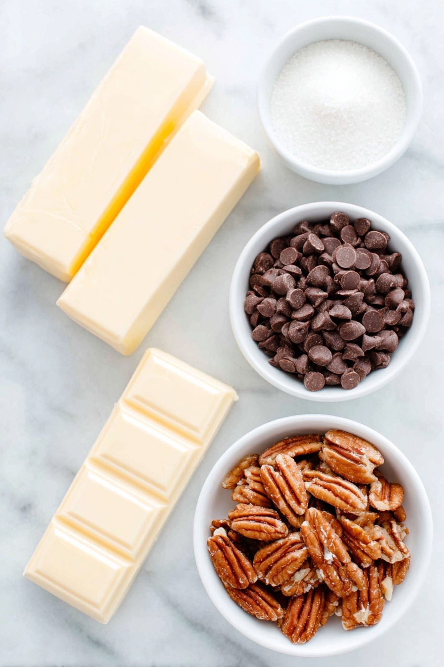 Flat lay of two sticks of unsalted butter with pale yellow creamy texture, a small white bowl filled with fine white granulated sugar, a simple white bowl holding glossy semisweet chocolate chips, and a small white bowl containing freshly chopped pecans with warm brown tones, arranged in perfect symmetry on a clean white marble surface, soft natural light, photo taken with an iPhone, professional food photography style, fresh ingredients, white ceramic bowls, no bottles, no duplicates, no utensils, no packaging --ar 2:3 --v 7 --p m7354615311229779997 - Homemade Toffee with Chocolate and Pecans, Easy Toffee with Chocolate and Pecans, Toffee Dessert Recipe, Chocolate Pecan Toffee, Make Ahead Toffee