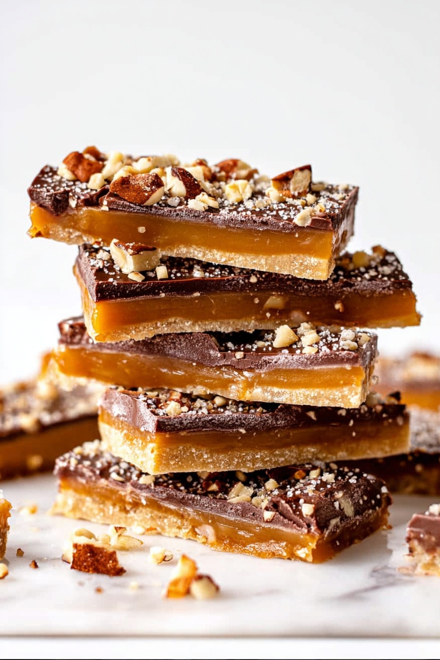 A stack of five rectangular candy bars sits on a white marbled surface, each bar showing two clear layers. The bottom layer is a golden caramel, smooth and thick, while the top layer is a slightly rough, dark chocolate sprinkled with small chopped nuts in light brown and beige colors. Some nut pieces have fallen around the stack, adding texture to the scene. The candy bars appear glossy, highlighting their sticky and rich textures. The background is plain white, making the candy the main focus. photo taken with an iphone --ar 2:3 --v 7 - Homemade Toffee with Chocolate and Pecans, Easy Toffee with Chocolate and Pecans, Toffee Dessert Recipe, Chocolate Pecan Toffee, Make Ahead Toffee
