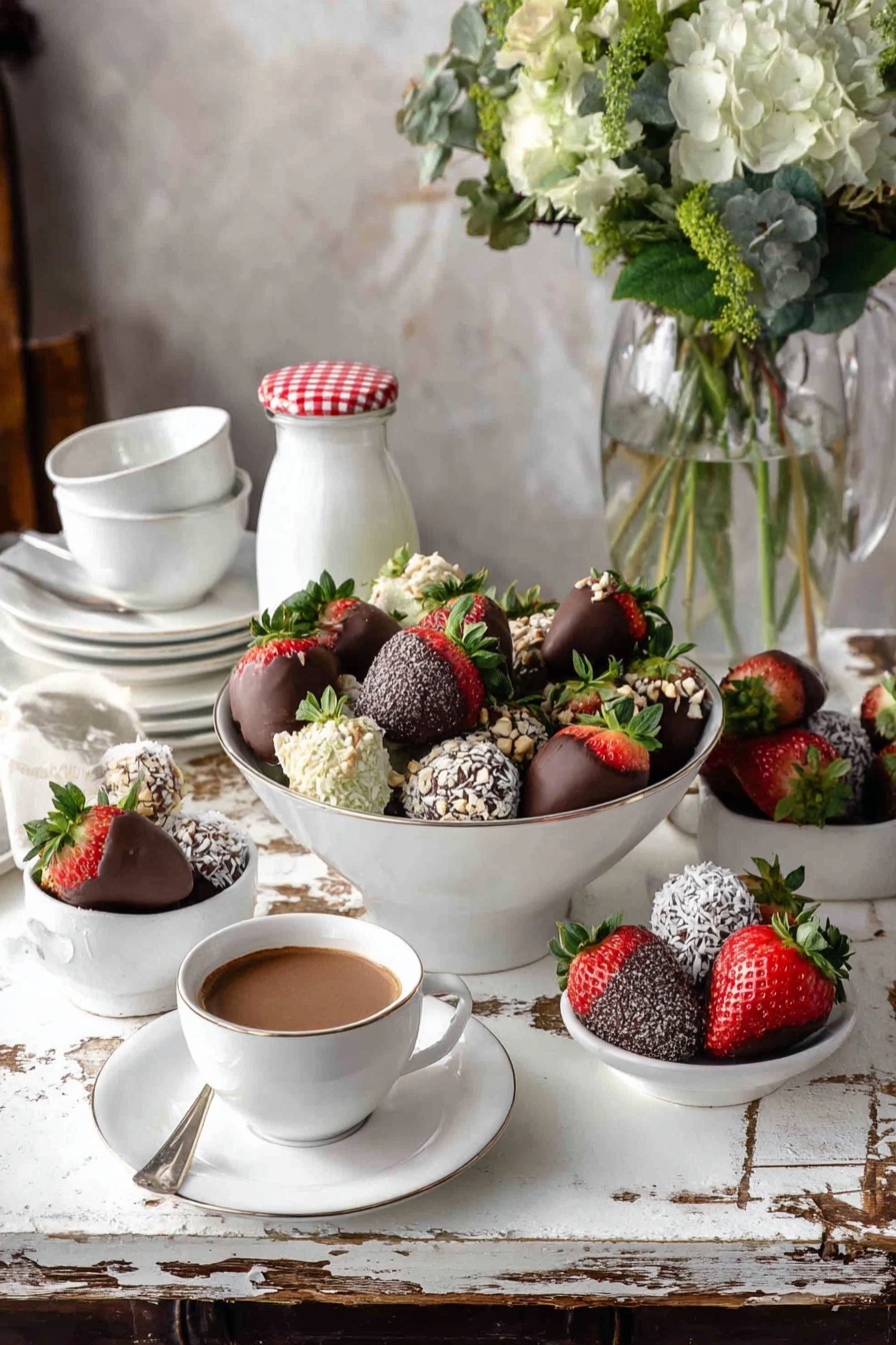 The image shows a white bowl filled with fresh strawberries mostly covered in smooth, dark chocolate. Among them, a few strawberries are dipped halfway in chopped nuts or coated with white shredded coconut. The strawberries are bright red with green leaves on top, creating a vibrant contrast against the dark chocolate, nuts, and coconut layers. The bowl is set on a white marbled surface, and the background is softly blurred, including a small white bowl and a cup holding a brown sauce. Photo taken with an iphone --ar 2:3 --v 7 - Chocolate Covered Strawberries, Easy Chocolate Dipped Strawberries, How to Make Chocolate Strawberries, Gourmet Strawberry Dessert, Quick Chocolate Fruit Treats