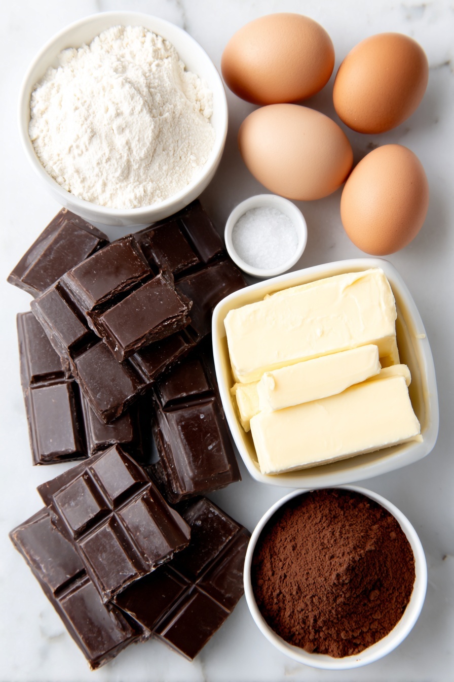 Flat lay of roughly chopped semi sweet chocolate chunks, a small white ceramic bowl filled with all purpose flour, a small white ceramic bowl of granulated white sugar, three whole uncracked brown eggs, a block of unsalted butter at room temperature, a small white ceramic bowl with vanilla extract, a small pinch of salt displayed as coarse grains, a small white ceramic bowl of confectioners sugar, a small white ceramic bowl of cocoa powder, a small white ceramic bowl of heavy whipping cream, placed on a clean white marble surface, soft natural light, photo taken with an iPhone, professional food photography style, fresh ingredients, white ceramic bowls, no bottles, no duplicates, no utensils, no packaging --ar 2:3 --v 7 --p m7354615311229779997 - Chocolate Frosted Christmas Brownies, Christmas brownies, holiday brownie recipes, festive chocolate brownies, fudgy holiday desserts