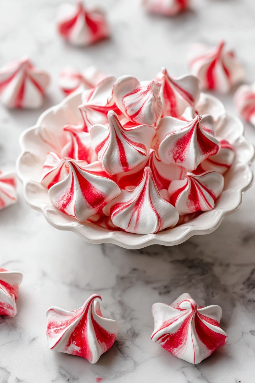 A white cake stand holds a pile of small meringue cookies, each with red and white swirled colors forming pointed peaks and smooth textures. The cookies are stacked in a lively cluster creating a high mound, with some scattered around the base on a white marbled surface. A woman's hand is gently picking up one of the meringues from the top. In the background, there are small decorative green trees that add a festive touch. photo taken with an iphone --ar 2:3 --v 7 - Peppermint Meringue Cookies, festive holiday cookies, peppermint dessert recipes, easy meringue cookies, holiday treat ideas
