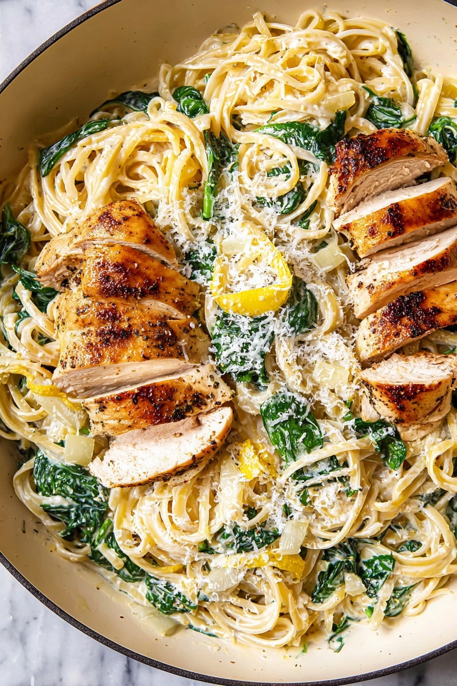 The image shows a close-up view of a white bowl filled with sliced golden-brown grilled chicken on the left side. The chicken has a slightly crispy, shiny texture with visible seasoning and small cooked garlic pieces on top. Next to the chicken, there is a creamy pasta with fettuccine noodles that are light yellow and mixed with white sauce and green spinach leaves. Some parts of the pasta have a slight shine from the sauce, and small bits of white cheese are sprinkled throughout. The white bowl rests on a white marbled surface. Photo taken with an iphone --ar 2:3 --v 7 - Creamy Spinach Ricotta Pasta with Lemon Chicken, creamy spinach ricotta pasta, lemon chicken skillet, easy lemon chicken recipes, cozy pasta dinner