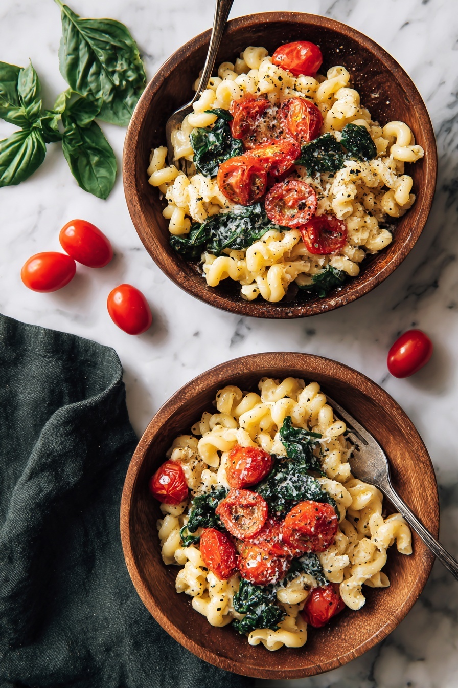 A white bowl filled with three distinct layers of pasta dish: on the bottom are creamy, ruffled pasta pieces in a light orange sauce, mixed with bright green leafy spinach pieces scattered throughout, followed by halved red cherry tomatoes adding pops of color on top, all coated in the creamy sauce with specks of black pepper. A silver fork rests inside the bowl on the right side. The bowl sits on a white marbled surface with a green cloth napkin near its base, and blurred red tomatoes sit in the background. Photo taken with an iphone --ar 2:3 --v 7 - Baked Feta Pasta with Roasted Tomatoes, creamy feta pasta recipe, easy baked pasta dishes, roasted tomato pasta, quick weeknight pasta