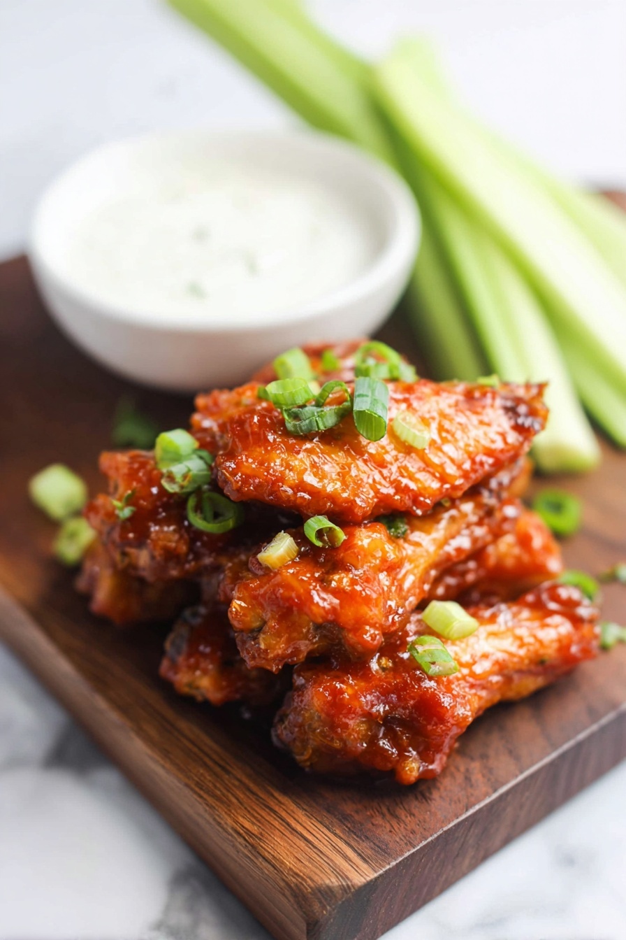 A stack of shiny, reddish-orange chicken wings coated in a thick, sticky sauce sits on a dark wooden board, topped with bright green chopped spring onions. Behind the wings, several long, light green celery sticks lean diagonally against the board. To the left, a white bowl filled with smooth, white creamy dip rests on the board. The whole setting is placed on a white marbled surface, and a woman's hand is holding the edge of the board. Photo taken with an iphone --ar 2:3 --v 7 - Honey Garlic Chicken Wings, Chicken Wings Recipe, Easy Baked Chicken Wings, Crispy Honey Garlic Wings, Finger-Licking Chicken Wings