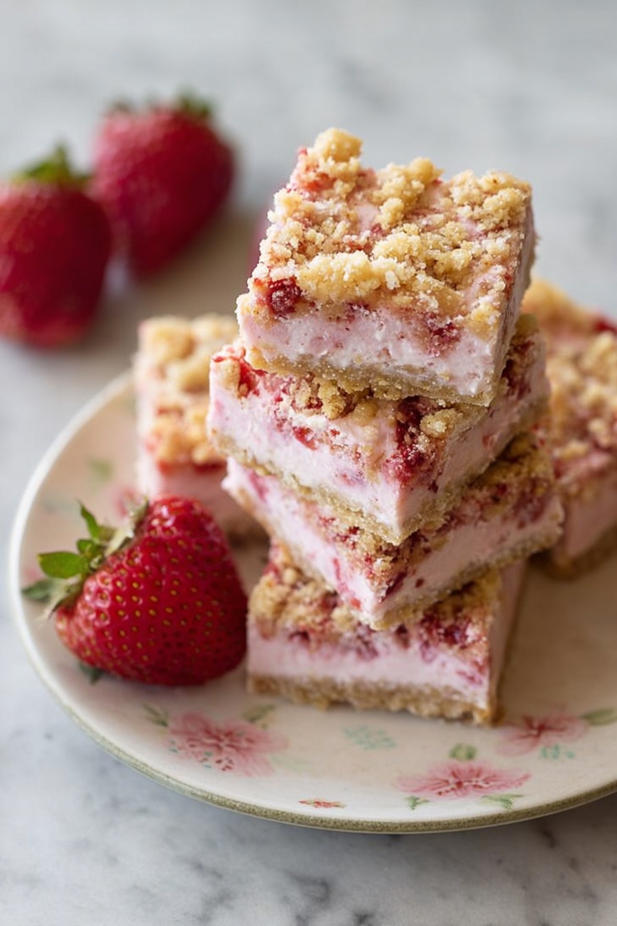 The image shows a stack of five square dessert bars on a white plate with a soft floral pattern, placed on a white marbled surface. Each layered bar has a crumbly golden brown topping with visible small chunks giving texture. Below the topping is a thick pale pink creamy layer, with hints of red fruit pieces embedded inside, making the pink color uneven and natural. The bars are stacked neatly, with three whole red strawberries with green tops placed beside them on the plate. Photo taken with an iphone --ar 2:3 --v 7 - Frozen Strawberry Shortcake Squares, strawberry shortcake dessert, summer frozen treats, easy fruit dessert, no-bake strawberry dessert