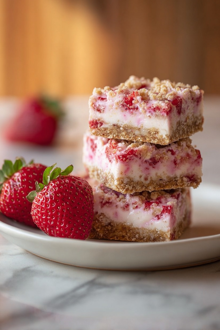 The image shows a stack of four square bars on a white plate placed on a white marbled surface. Each bar has three visible layers: the bottom and top layers are crumbly and light brown with a textured look, while the middle layer is thick and creamy light pink mixed with small red pieces, likely strawberries. Two fresh strawberries with green leaves are placed in front of the stack on the left side of the plate. The background is softly blurred with warm tones. photo taken with an iphone --ar 2:3 --v 7 - Frozen Strawberry Shortcake Squares, strawberry shortcake dessert, summer frozen treats, easy fruit dessert, no-bake strawberry dessert