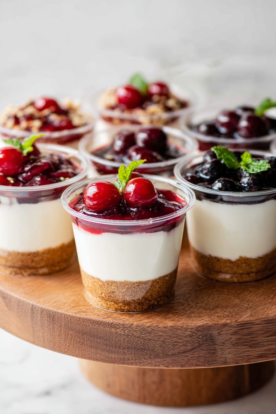 The image shows six clear plastic cups filled with three visible layers, placed on a wooden cake stand against a white marbled background. The bottom layer is a light brown crumbly base, the middle layer is smooth, creamy and white, and the top layer varies between two fruit toppings: some cups have a glossy red berry sauce with whole red berries and a small green mint leaf on top, while others have a dark purple berry sauce with whole dark berries and a small green mint leaf. The cups are arranged close together with soft, natural light highlighting the colors and textures of the dessert. photo taken with an iphone --ar 2:3 --v 7 - No-Bake Cheesecake Cups, No-Bake Cheesecake, Easy Cheesecake Cups, No-Bake Dessert, Cheesecake Cup Recipe
