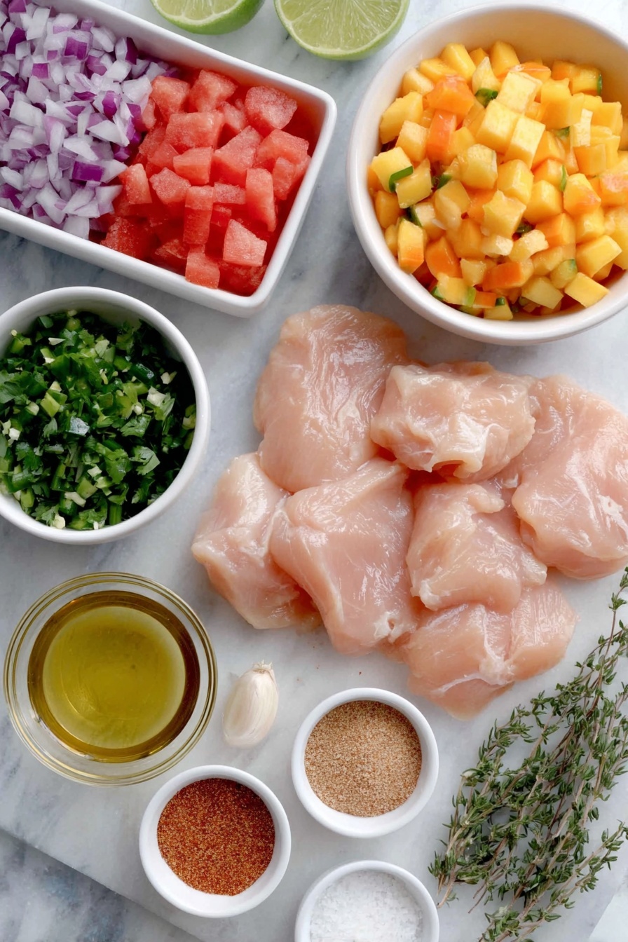 Flat lay of fresh boneless, skinless chicken breasts arranged neatly, a small white bowl of cubed bright red watermelon, another bowl with vivid orange mango cubes, a pile of finely chopped red onion, a few sprigs of fresh green cilantro, a small heap of finely chopped green jalapeño peppers, a small white bowl with fresh lime juice, a small white bowl containing golden extra virgin olive oil, whole garlic cloves with their pale papery skins intact, fresh oregano sprigs with delicate green leaves, small piles of warm brown chili powder, light tan ground cumin, coarse white salt crystals, and granulated white sugar, all placed on a clean white marble surface, soft natural light, photo taken with an iPhone, professional food photography style, fresh ingredients, white ceramic bowls, no bottles, no duplicates, no utensils, no packaging --ar 2:3 --v 7 --p m7354615311229779997 - Grilled Chicken with Mango Watermelon Salsa, grilled chicken with fruit salsa, summer chicken recipes, healthy grilled chicken ideas, fruity chicken dishes