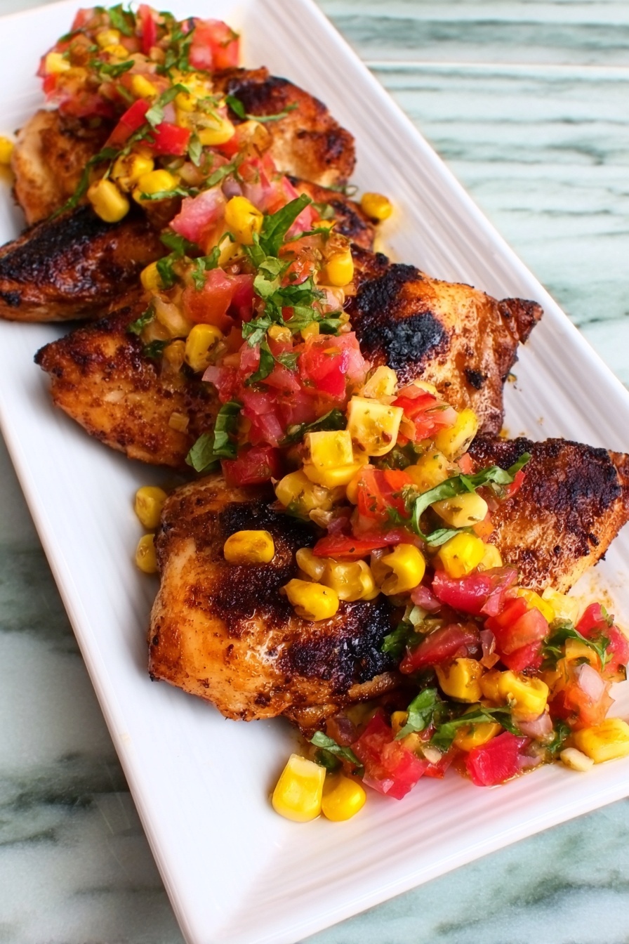 A white rectangular plate holds two grilled pieces of seasoned chicken with a dark, slightly charred crust. On top and around the chicken is a colorful salsa made of bright yellow mango chunks, red watermelon cubes, small pieces of red onion, and fresh green cilantro leaves, adding a fresh and vibrant contrast against the chicken. The background surface is white marble. Photo taken with an iphone --ar 2:3 --v 7 - Grilled Chicken with Mango Watermelon Salsa, grilled chicken with fruit salsa, summer chicken recipes, healthy grilled chicken ideas, fruity chicken dishes