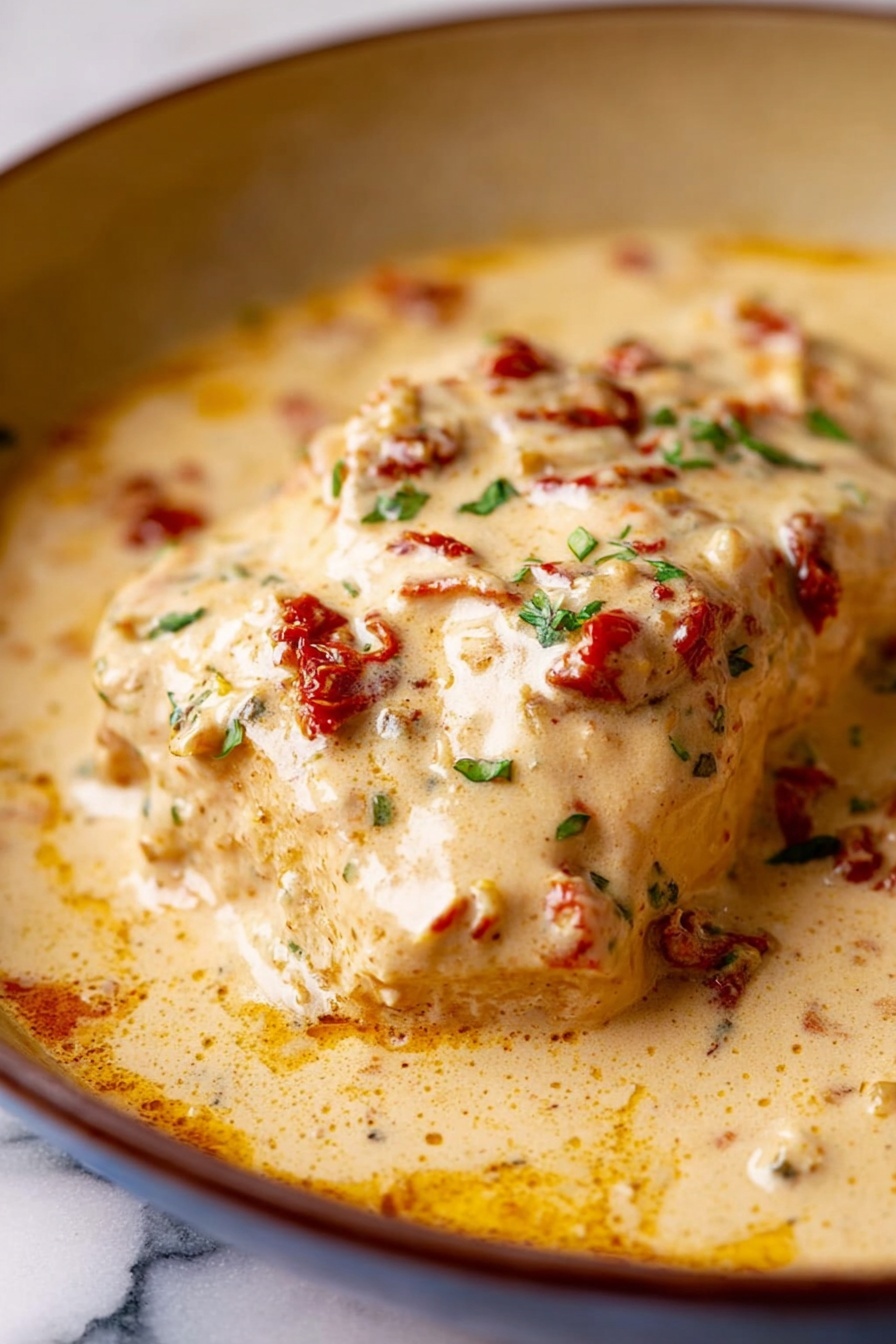A single thick piece of light tan chicken is covered in a creamy sauce with a smooth, rich texture. The sauce is off-white with bits of red sun-dried tomatoes and small green herb leaves sprinkled on top. The chicken and sauce fill a round pan with a dark edge, resting on a white marbled surface. The creamy sauce pools around the chicken with a slightly glossy finish, showing a mix of orange oil streaks and herbs throughout. Photo taken with an iphone --ar 2:3 --v 7 - Marry Me Tofu in Creamy Sun-Dried Tomato Sauce, vegetarian tofu recipes, creamy sun-dried tomato sauce, vegan tofu dishes, easy tofu dinner ideas