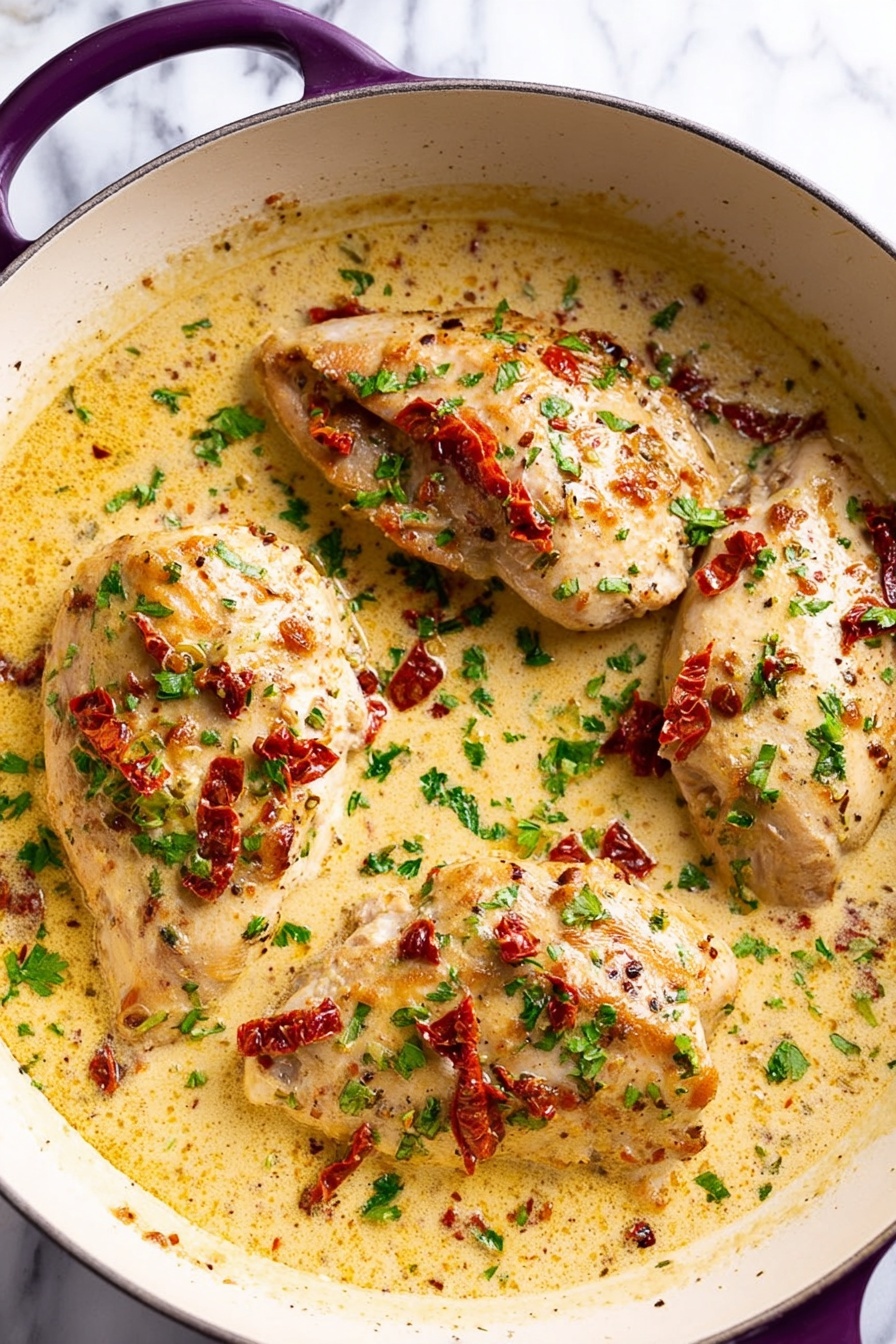 A close-up top view of three pieces of cooked chicken in a creamy light yellow sauce with bits of red sun-dried tomatoes and chopped green parsley sprinkled on top. The chicken pieces are nestled in the sauce inside a round white pan with a purple handle, all placed on a white marbled surface. The sauce looks smooth and thick, mixing well with the herbs and tomatoes scattered evenly over the chicken. photo taken with an iphone --ar 2:3 --v 7 - Marry Me Tofu in Creamy Sun-Dried Tomato Sauce, vegetarian tofu recipes, creamy sun-dried tomato sauce, vegan tofu dishes, easy tofu dinner ideas