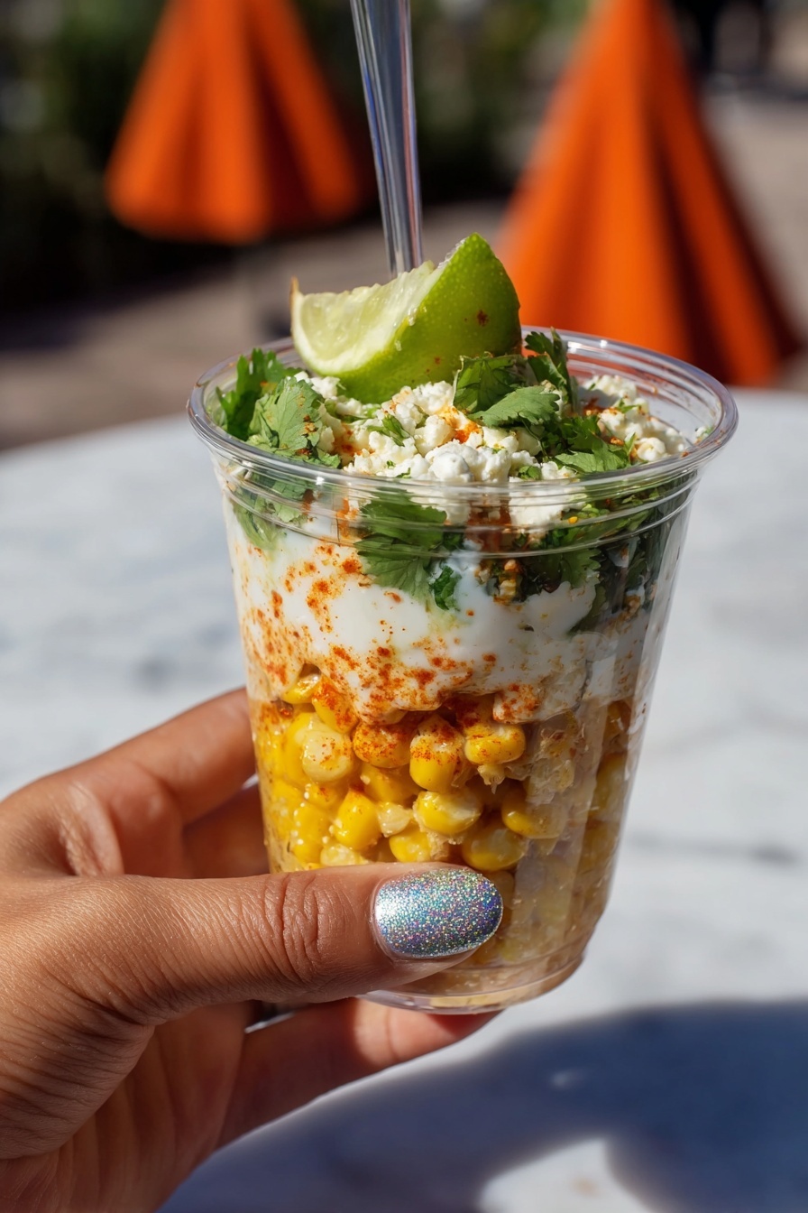A clear plastic cup with four distinct layers is held by a woman's hand with sparkly silver nail polish against an outdoor scene with orange cone-shaped towers and a blue sky. The bottom layer is bright yellow corn kernels, topped by a white crumbly cheese layer mixed with red spice. Above that are fresh green cilantro leaves and a wedge of light green lime, with a white sauce being poured over the top. The background shows a white marbled texture surface replacing what would normally be the ground or table. Photo taken with an iphone --ar 2:3 --v 7 - Mexican Street Corn Cups, Mexican Street Corn Cups recipe, easy Mexican street corn, elote cups, Mexican snack ideas