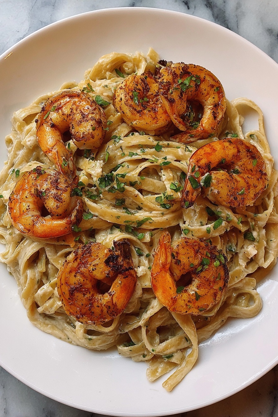 A white plate is filled with creamy fettuccine pasta that is light beige in color, mixed with small bits of green herbs. On top of the pasta, there are six large cooked shrimp, arranged in a circle. The shrimp are orange with charred edges and sprinkled with chopped green herbs. The plate sits on a white marbled surface. photo taken with an iphone --ar 2:3 --v 7 - Cajun Shrimp Fettuccine, Cajun pasta recipes, shrimp pasta ideas, spicy creamy pasta, easy Cajun seafood dishes