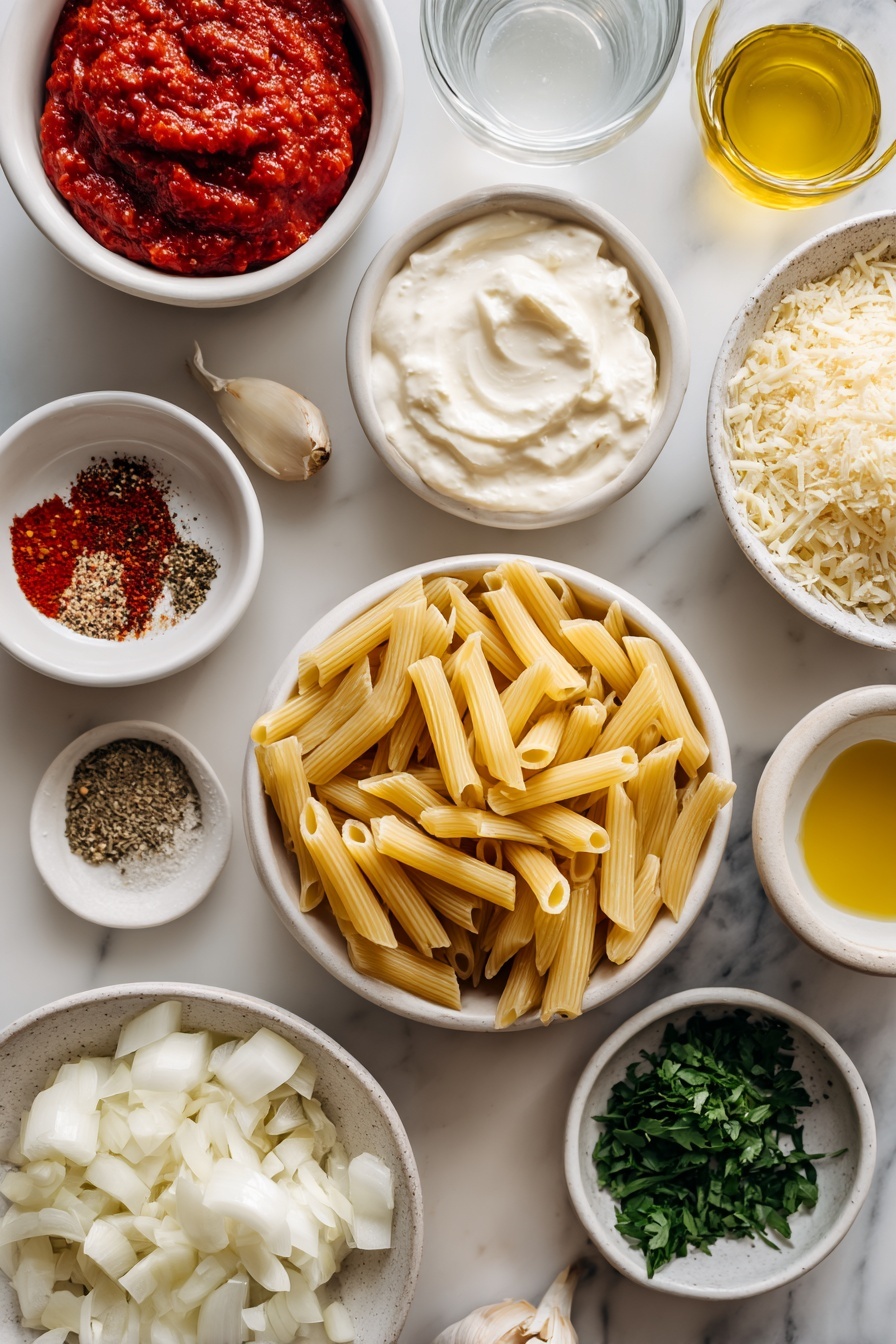 Flat lay of a small pile of uncooked penne pasta, two whole brown eggs with clean shells, a small white ceramic bowl of vibrant red tomato paste, a small white ceramic bowl of thick creamy double cream, a small white ceramic bowl of clear vodka, a small white ceramic bowl of golden olive oil, a small white ceramic bowl of coarse kosher salt, a small white ceramic bowl of crushed red pepper flakes, a small white ceramic bowl of freshly ground black pepper, a few garlic cloves with papery skins, a small white ceramic bowl of finely diced white onion, a small white ceramic bowl of finely chopped fresh parsley, a small white ceramic bowl holding a loosely packed cup of freshly grated pale yellow parmesan cheese placed on a clean white marble surface, soft natural light, photo taken with an iPhone, professional food photography style, fresh ingredients, white ceramic bowls, no bottles, no duplicates, no utensils, no packaging --ar 2:3 --v 7 --p m7354615311229779997 - Creamy Vodka Penne Pasta, Vodka Pasta Recipe, Easy Creamy Penne Pasta, Delicious Vodka Pasta Dinner, Quick Pasta with Vodka Sauce