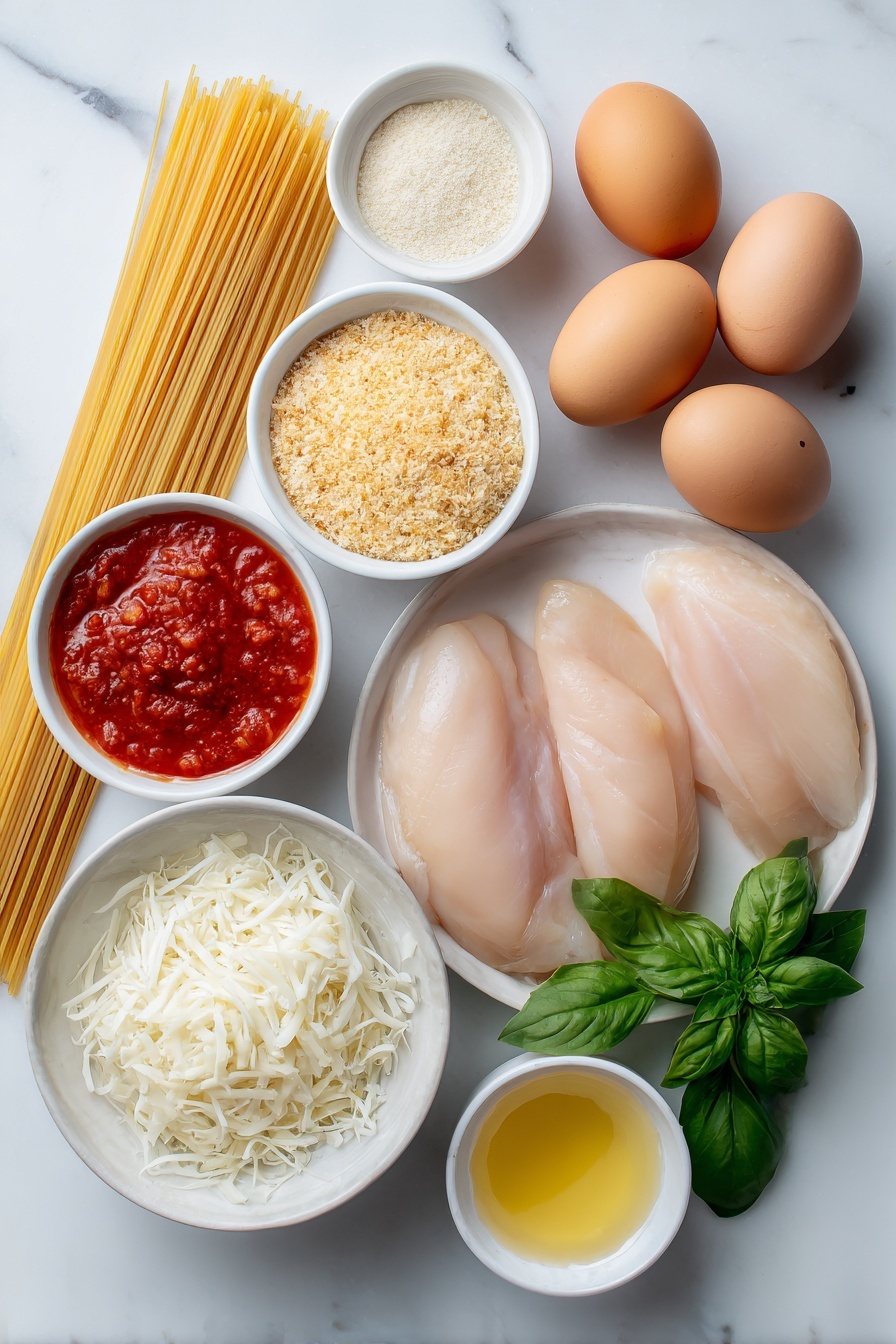 Flat lay of boneless skinless chicken breasts halved horizontally, two whole brown eggs with clean shells, a small white ceramic bowl of pale golden panko bread crumbs, a small white ceramic bowl of mixed Italian style bread crumbs, a small white ceramic bowl of freshly grated parmesan cheese, a small white ceramic bowl of bright red marinara sauce, a small white ceramic bowl of shredded white mozzarella cheese, a few vibrant fresh green basil leaves, a small white ceramic bowl of golden oil, all arranged symmetrically and balanced, placed on a clean white marble surface, soft natural light, photo taken with an iPhone, professional food photography style, fresh ingredients, white ceramic bowls, no bottles, no duplicates, no utensils, no packaging --ar 2:3 --v 7 --p m7354615311229779997 - Chicken Parmesan Bake, easy Italian chicken bake, cheesy baked chicken, crispy chicken parm, crowd-pleasing dinner recipes