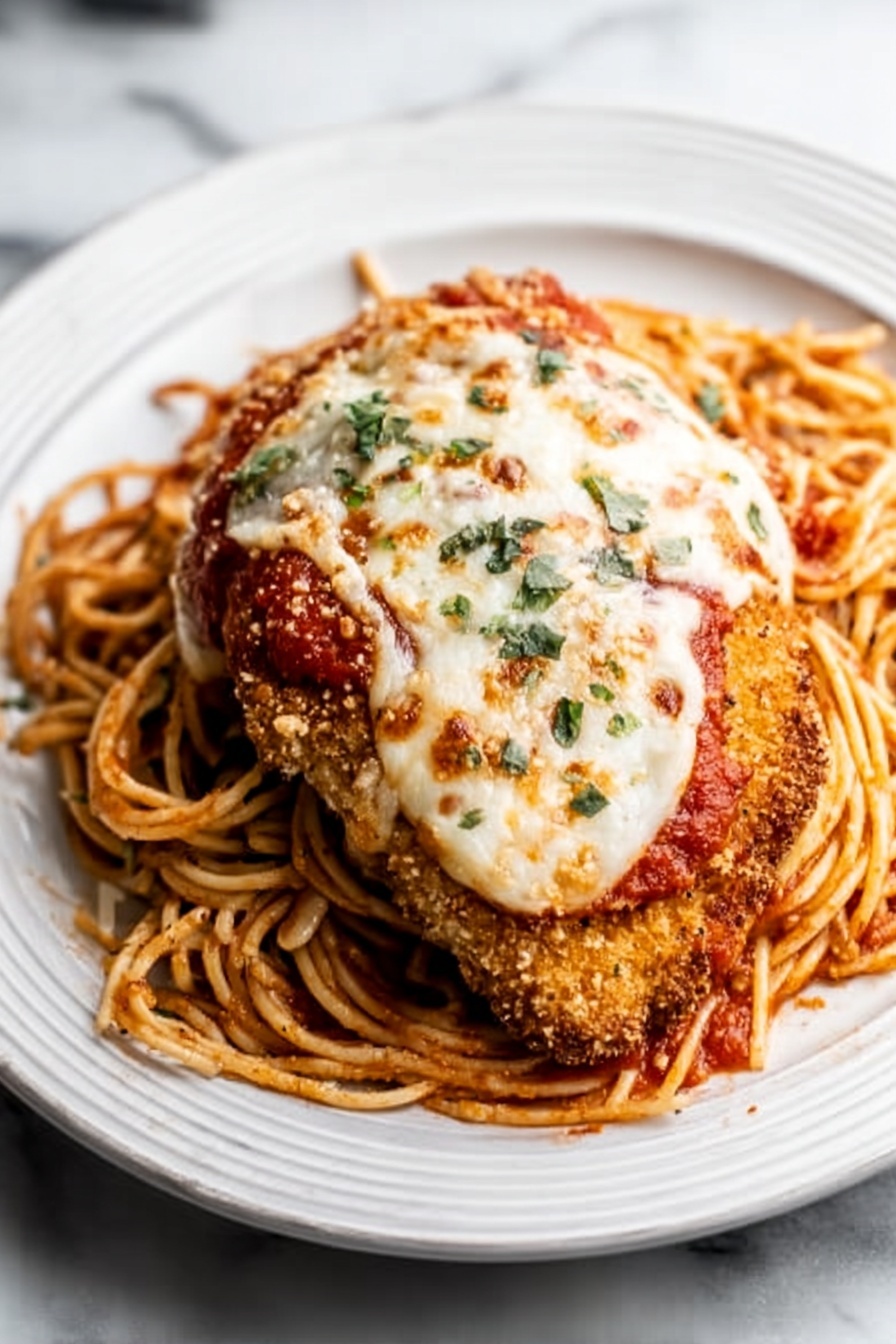 There is a white plate with a ringed edge that holds a layer of light brown spaghetti with a thick red tomato sauce mixed through it. On top of the spaghetti sits a piece of crispy, golden-brown breaded chicken. Layered over the chicken is a melted white cheese with some browned spots and small green herb bits sprinkled on top. The plate is on a white marbled surface with a bit of shadow under the plate. The picture is well-lit and taken close up, showing all textures clearly photo taken with an iphone --ar 2:3 --v 7 - Chicken Parmesan Bake, easy Italian chicken bake, cheesy baked chicken, crispy chicken parm, crowd-pleasing dinner recipes