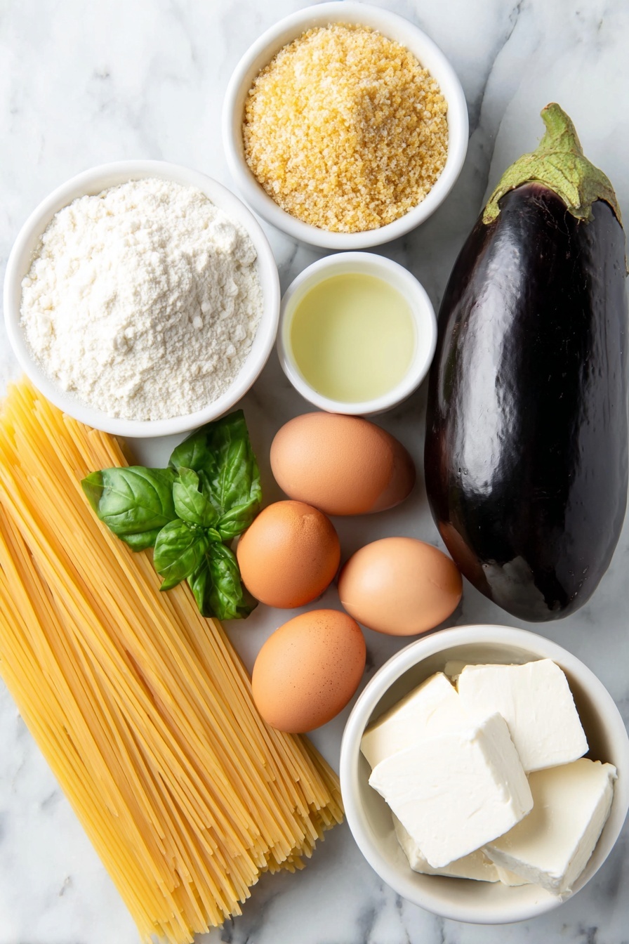 Flat lay of one whole globe eggplant, a small white bowl of all-purpose flour, two whole uncracked large brown eggs with clean shells, a small white bowl filled with golden panko breadcrumbs, a small white bowl of neutral cooking oil, a block of fresh white mozzarella cheese, a neat bundle of uncooked spaghetti pasta, a small white bowl containing rich homemade spaghetti meat sauce, a small white bowl of grated Parmigiano-Reggiano cheese, and a few fresh green basil sprigs, all placed on a clean white marble surface, soft natural light, photo taken with an iPhone, professional food photography style, fresh ingredients, white ceramic bowls, no bottles, no duplicates, no utensils, no packaging --ar 2:3 --v 7 --p m7354615311229779997 - Eggplant Parmesan Pasta with Meat Sauce, Eggplant Parmesan Pasta, Italian Pasta Recipes, Easy Eggplant Pasta, Homemade Meat Sauce Pasta