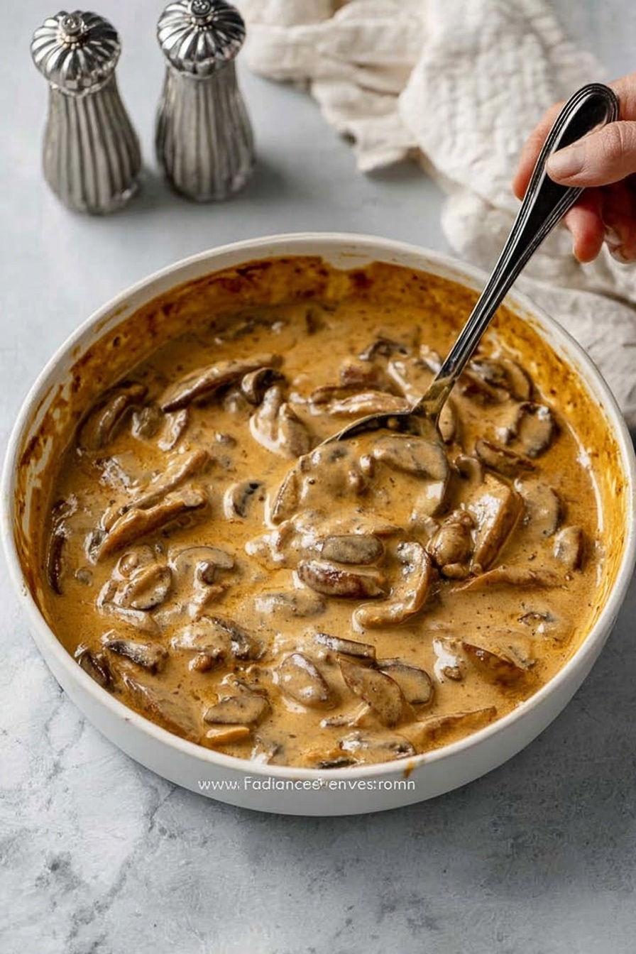 A white round dish filled with a creamy brown sauce mixed with strips of cooked meat and sliced mushrooms, giving a thick and smooth texture with chunks seen throughout. A black spoon is dipped into the sauce on the right side of the dish, with some sauce dripping off it, and the dish rests on a white marbled surface. Behind the dish, a woman's hand holds a white cloth with two silver salt and pepper shakers placed nearby. The edges of the dish have some sauce marks, showing it has been stirred. photo taken with an iphone --ar 2:3 --v 7 - Creamy Beef Stroganoff, beef stroganoff recipe, easy beef stroganoff, hearty beef dinner, comfort food recipes