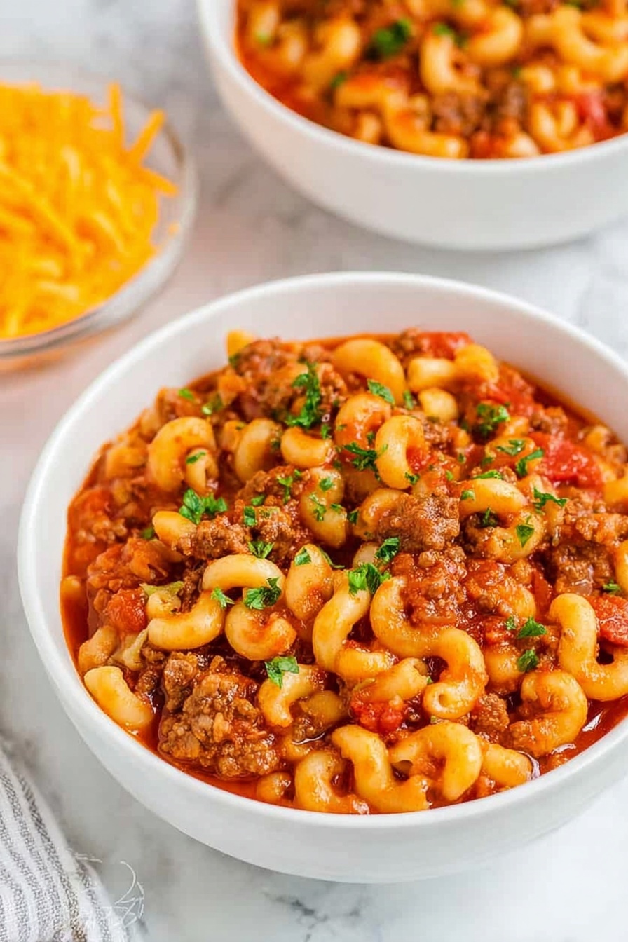 A white bowl filled with a warm dish made of soft elbow macaroni mixed with chunky pieces of browned meat and bits of tomato in a thick red sauce. The top is sprinkled with fresh green chopped herbs. In the background, there is another white bowl with the same dish and a small clear bowl filled with bright orange shredded cheese, all placed on a white marbled surface. Photo taken with an iphone --ar 2:3 --v 7 - American Chop Suey, easy American Chop Suey, hearty American Chop Suey, quick American Chop Suey, comfort food American Chop Suey