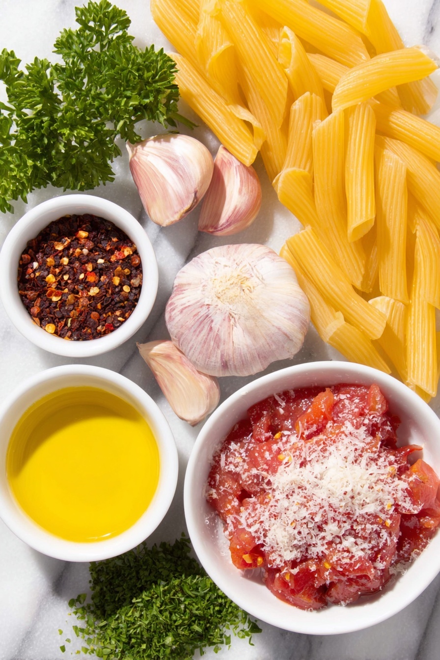 Flat lay of a small white ceramic bowl filled with extra-virgin olive oil, four whole garlic cloves with natural papery skins, a small white bowl containing red pepper flakes, a simple white ceramic bowl holding roughly hand-crushed whole fresh tomatoes with visible juice, a sprinkle of fine salt artfully scattered nearby, a small pile of finely chopped fresh flat-leaf parsley, a neat mound of uncooked penne pasta tubes, and a small white bowl with freshly grated Pecorino cheese, all arranged in perfect symmetry and balanced proportions, placed on a clean white marble surface, soft natural light, photo taken with an iPhone, professional food photography style, fresh ingredients, white ceramic bowls, no bottles, no duplicates, no utensils, no packaging --ar 2:3 --v 7 --p m7354615311229779997 - Spicy Penne Arrabbiata, spicy Italian pasta, quick penne pasta recipe, garlicky Arrabbiata sauce, easy spicy dinner