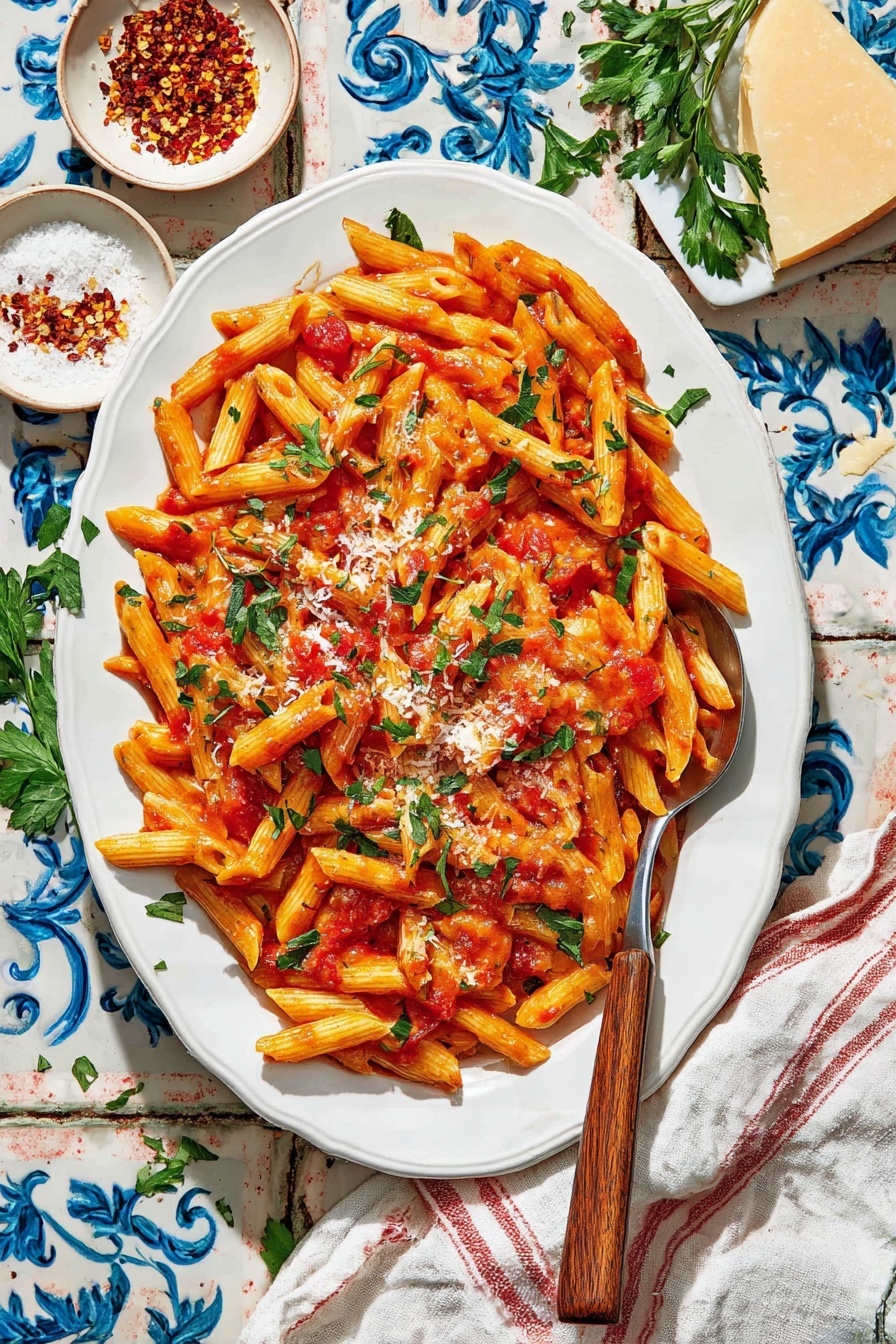 A large white pot filled with cooked penne pasta tossed in a bright red tomato sauce with small bits of herbs scattered throughout. The pasta pieces are light beige and slightly shiny, mixed evenly with the sauce. A wooden spoon with some sauce on it rests inside the pot on the right side. The pot sits on a white marbled surface decorated with large blue floral designs. Photo taken with an iphone --ar 2:3 --v 7 - Spicy Penne Arrabbiata, spicy Italian pasta, quick penne pasta recipe, garlicky Arrabbiata sauce, easy spicy dinner
