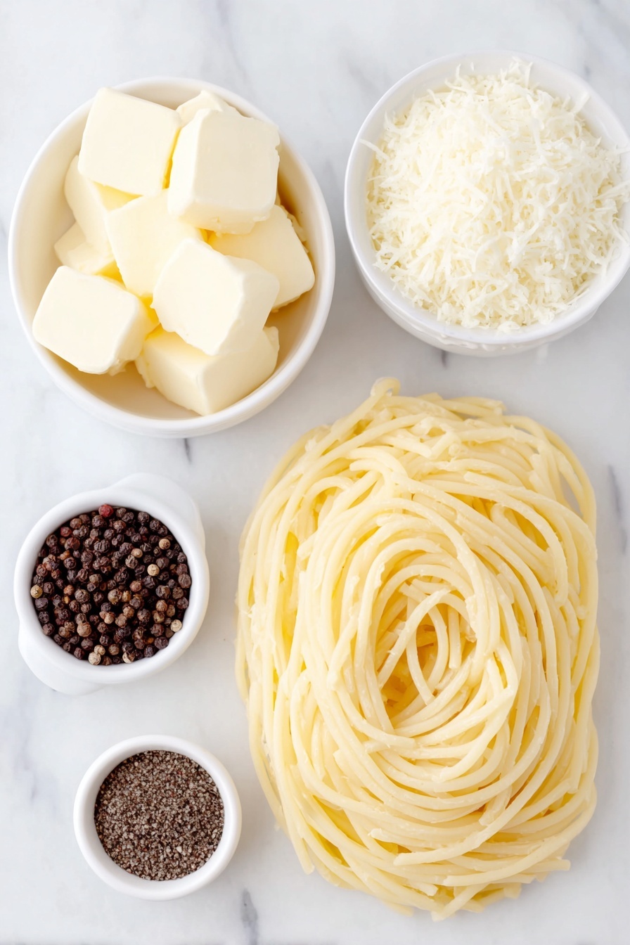Flat lay of dried bucatini pasta nest, a small white bowl of unsalted butter cubes, a small white bowl filled with freshly grated Pecorino Romano cheese, a small white bowl containing cracked toasted black pepper, placed on a clean white marble surface, soft natural light, photo taken with an iPhone, professional food photography style, fresh ingredients, white ceramic bowls, no bottles, no duplicates, no utensils, no packaging --ar 2:3 --v 7 --p m7354615311229779997 - Quick Cacio e Pepe with Bucatini, easy Cacio e Pepe pasta, creamy peppery pasta recipe, 15-minute Italian dinner, simple bucatini pasta