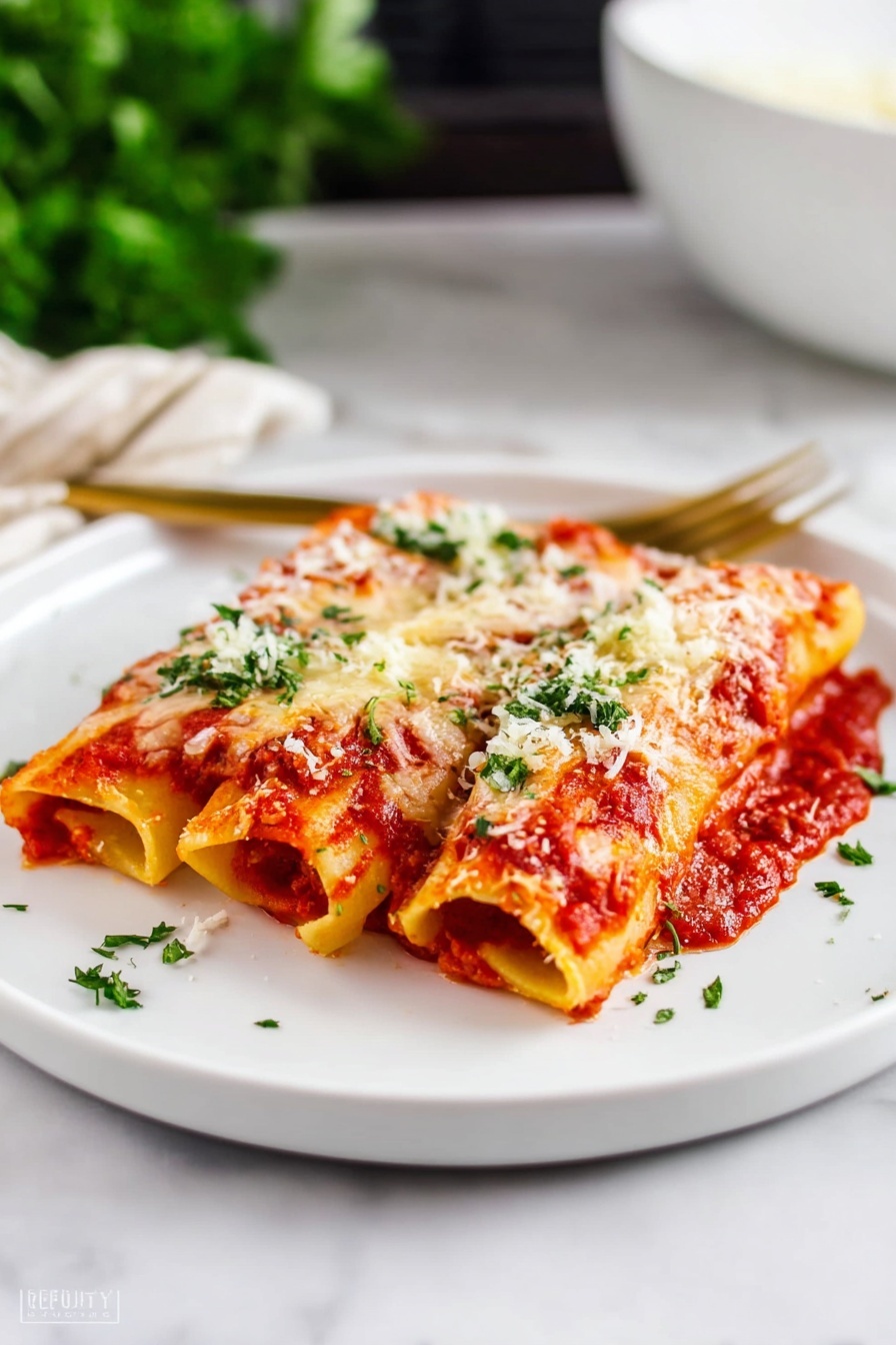 The image shows three rolled pasta pieces placed side by side on a large white plate, each covered in a thick red tomato sauce and melted white cheese that is slightly browned. There is a sprinkle of finely grated white cheese and fresh green herbs evenly scattered over the pasta. In the background, there is a white bowl with green herbs and a tray with more pasta rolls visible on a dark surface, all set on a white marbled texture. To the right of the plate, there is a golden spoon and fork resting on the same dark surface. Photo taken with an iphone --ar 2:3 --v 7 - Cheese Manicotti Bake, cheesy Italian dinner recipes, no-boil manicotti, baked manicotti with ricotta and mozzarella, easy Italian casserole