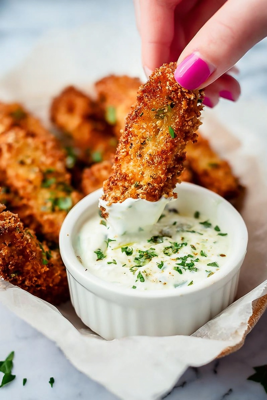 A woman's hand with pink nail polish is holding a golden-brown crispy finger-shaped food item that is being dipped into a small white bowl filled with a creamy white sauce, topped with green herbs sprinkled over it. The bowl sits on white parchment paper, and several more crispy finger-shaped items are placed blurred in the background on the same parchment paper. The setting has a soft focus with a white marbled texture in the background. Photo taken with an iphone --ar 2:3 --v 7 - Baked Pickle Fries with Dill Ranch, pickle fry recipe, crispy baked pickle sticks, dill ranch dip, healthy pickle snack