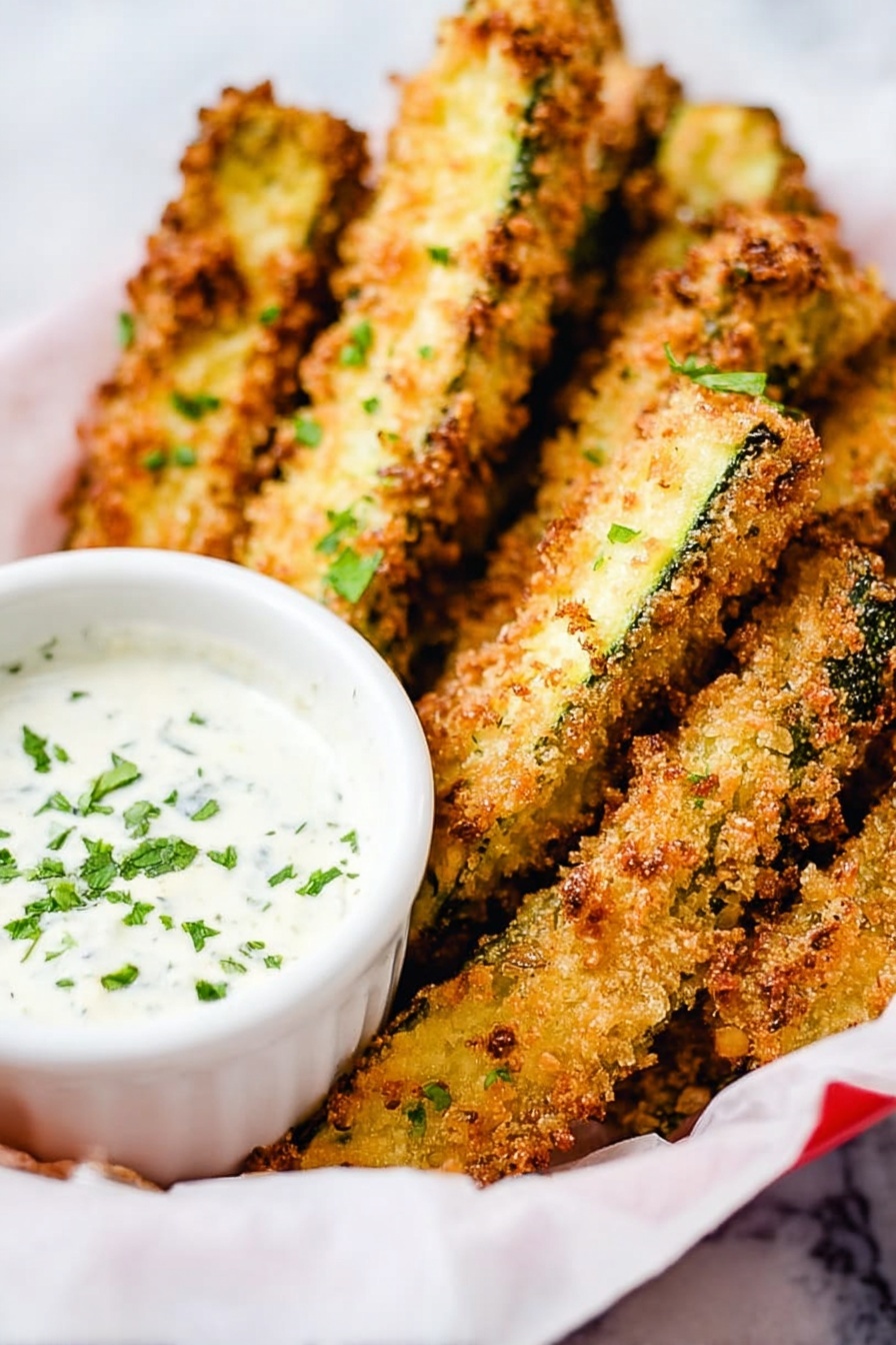 The image shows several golden brown breaded zucchini sticks arranged closely together in a white basket lined with white paper. The zucchini sticks have a crispy, crumbly texture with some green skin visible beneath the crust. Small green herb pieces are sprinkled on top of the zucchini sticks. Next to the basket, a white bowl filled with a creamy white dipping sauce, also topped with green herbs, is partially visible in the foreground. The background is a white marbled texture. Photo taken with an iphone --ar 2:3 --v 7 - Baked Pickle Fries with Dill Ranch, pickle fry recipe, crispy baked pickle sticks, dill ranch dip, healthy pickle snack