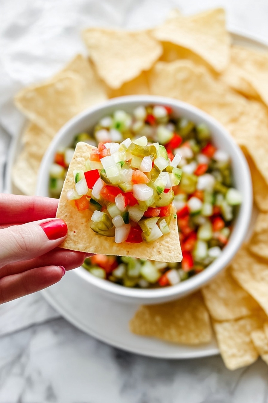 A clear glass bowl filled with finely chopped layers of vegetables, including bright red bell peppers, green pickles, and white onions, all cut into small cubes evenly mixed together. The bowl is placed on a white marbled surface, and a silver spoon rests inside the bowl on the right side. The mix of colors is vibrant, with the red, green, and white pieces spread throughout the bowl, creating a fresh and crisp look. photo taken with an iphone --ar 2:3 --v 7 - Pickle de Gallo, Pickle de Gallo Recipe, tangy condiment, easy pickle relish, homemade pico de gallo