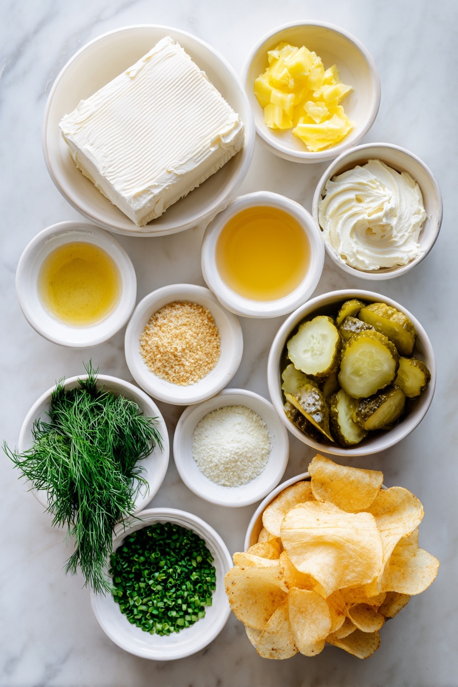 Flat lay of a block of softened cream cheese, a small white bowl of thick Greek yogurt, a small white bowl of golden melted butter, a small white bowl of golden panko breadcrumbs, a small white bowl of light yellowish Worcestershire sauce, a small white bowl of vibrant green chopped fresh dill, a small white bowl of finely chopped bright green chives, a small white bowl of pale yellow garlic powder, a small white bowl of translucent light green dill pickle juice, a small white bowl filled with chopped glossy green dill pickles, and a neat pile of golden crispy potato chips, all arranged symmetrically on a clean white ceramic surface, placed on a clean white marble surface, soft natural light, photo taken with an iPhone, professional food photography style, fresh ingredients, white ceramic bowls, no bottles, no duplicates, no utensils, no packaging --ar 2:3 --v 7 --p m7354615311229779997 - Ranch Fried Pickle Dip, fried pickle dip, quick appetizer dip, creamy dill dip, crispy panko pickle dip